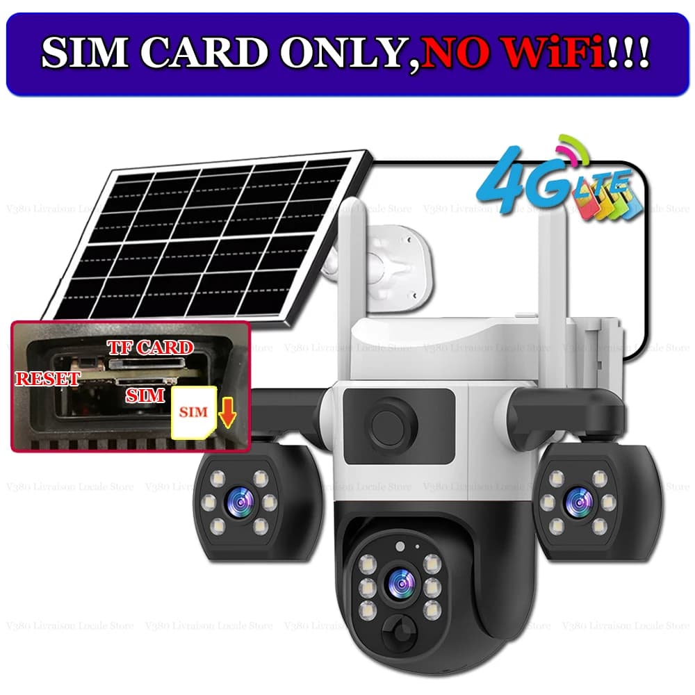 4G Solar Cameras with SIM Card Free 100M Data Smart Home 360 Remote PTZ Monitor Outdoor Waterproof Security Protection Wireless HD Night Vision Built-in Battery 3 Lens IP CCTV Camera