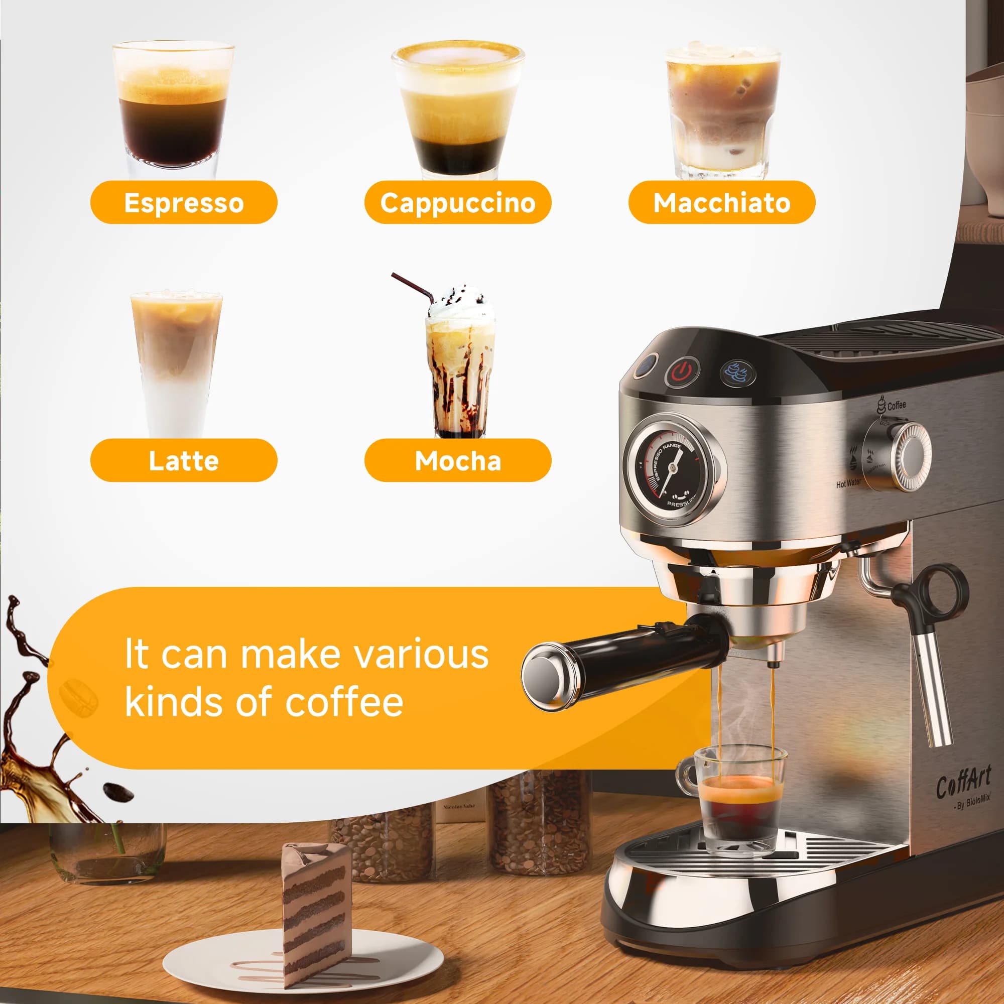 BioloMix 20 Bar Semi-Automatic Coffee Machine with Milk Frother Wand for Espresso Cappuccino Latte Mocha - Powder Coffee Maker