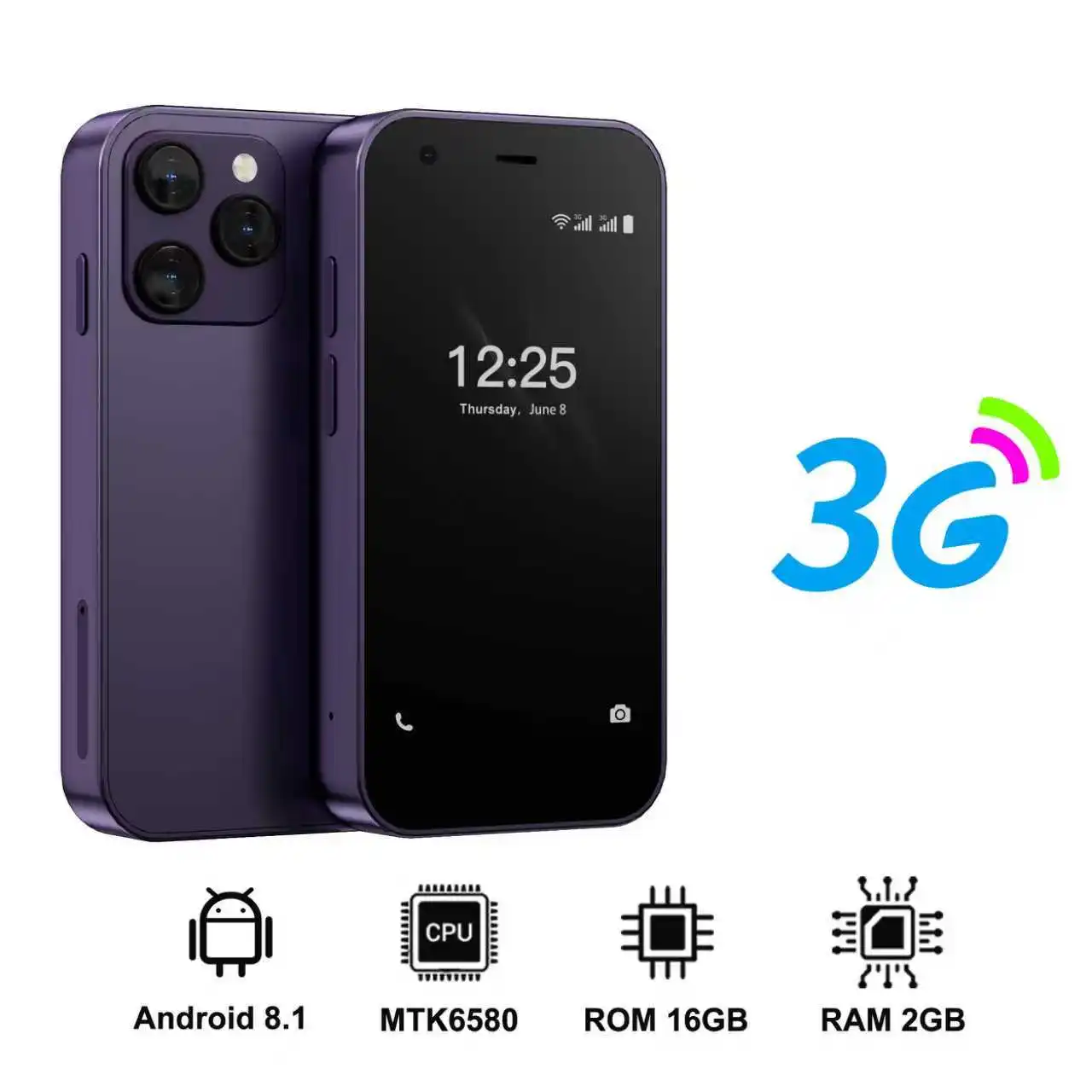 SERVO 15SE Mini Pocket Smartphone 3G WCDMA Dual SIM Android System 3.0" Display 2GB+16GB WiFi Hotspot GPS Face Unlock Bluetooth Play Store Type-C Camera Flashlight Small Palm Mobile Phones