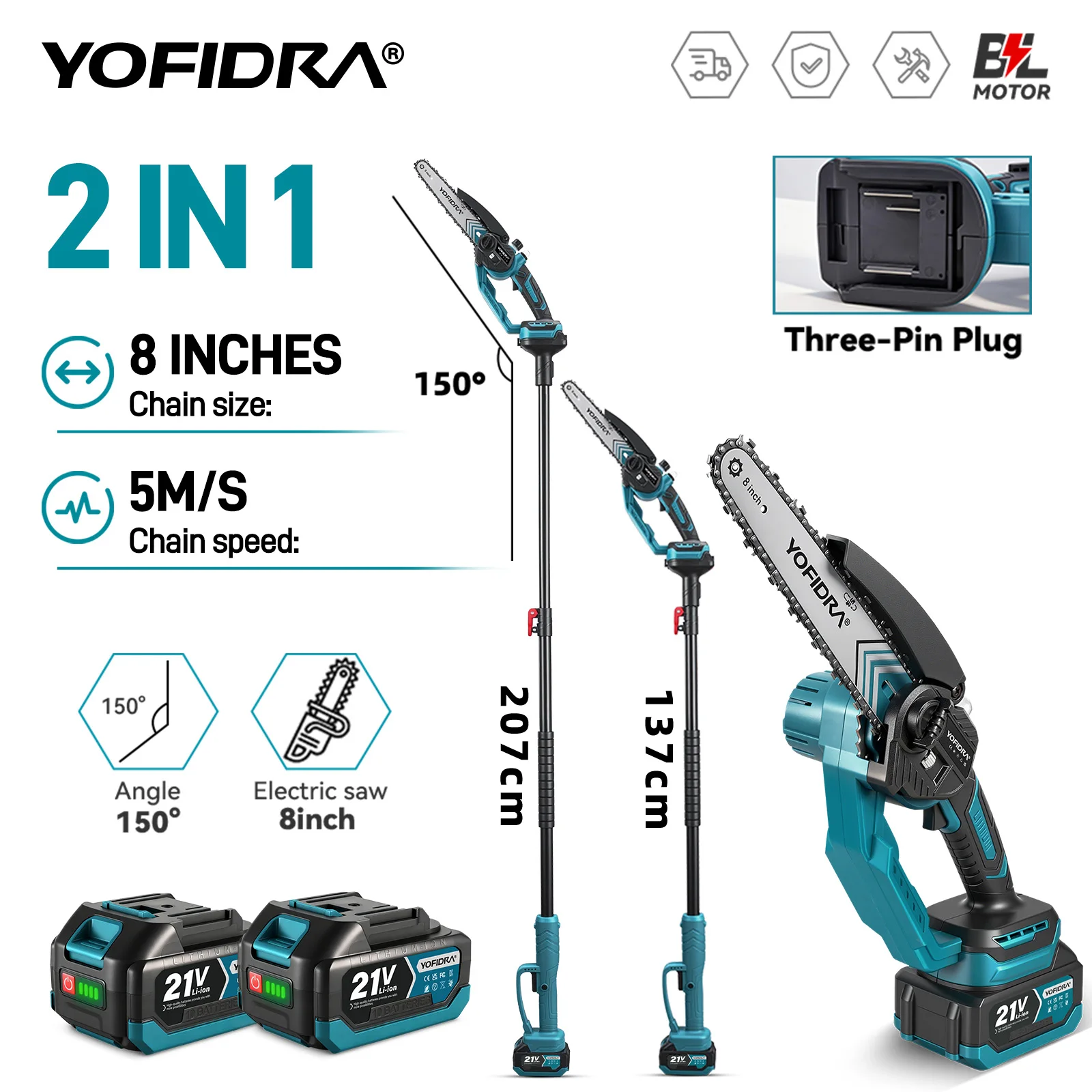 YOFIDRA 8 Inch Brushless Electric Chainsaw Telescoping Pole Cordless Garden Tree Pruner Cutting Tool For Makita 21V Battery Pin