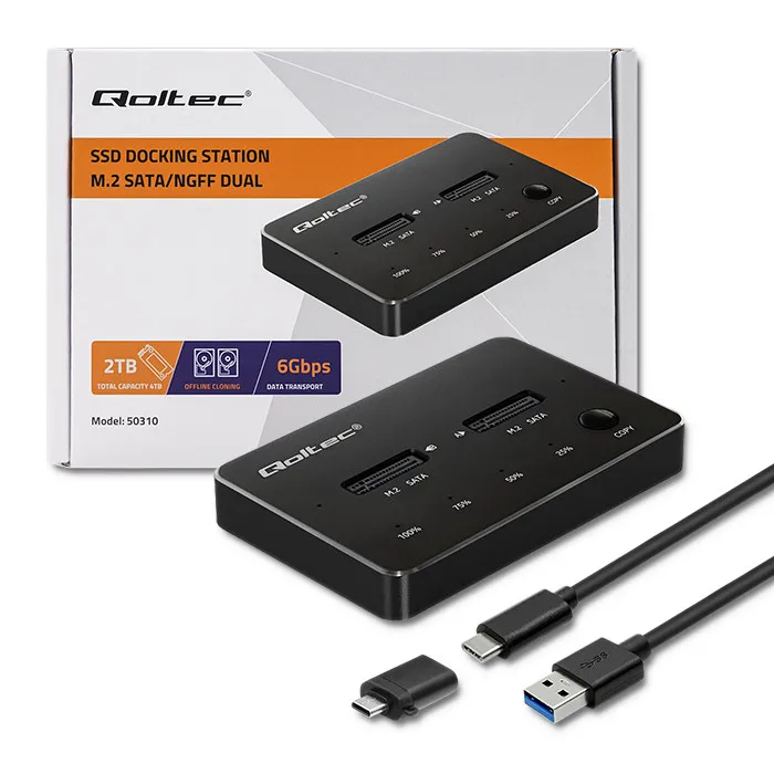Qoltec 2x SSD Docking Station M.2 SATA | NGFF | USB Type C