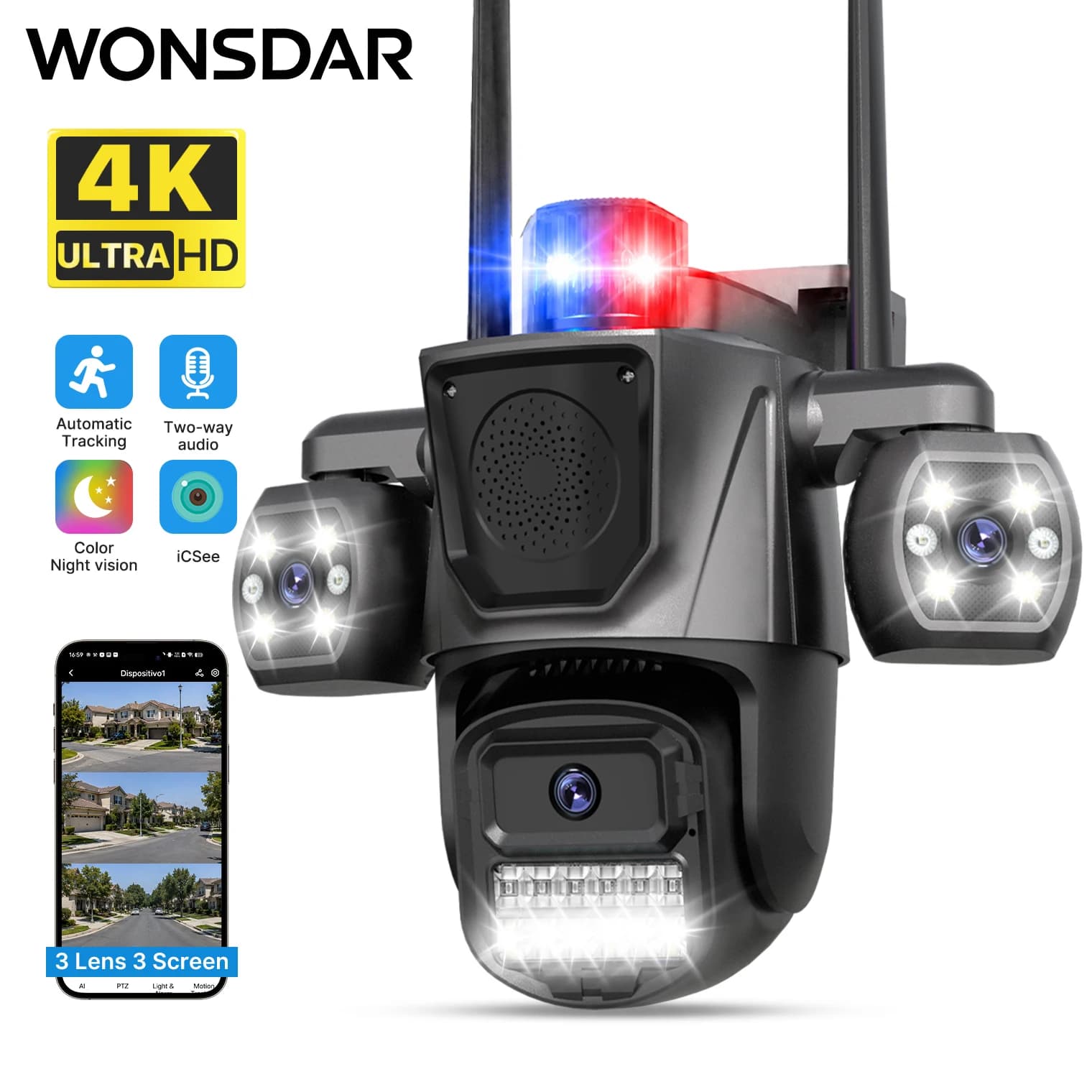 WONSDAR Triple Lens IP Camera Outdoor Built-in Sound Speaker WiFi Camera Human Detection Auto Tracking Smart Night Vision ICSee