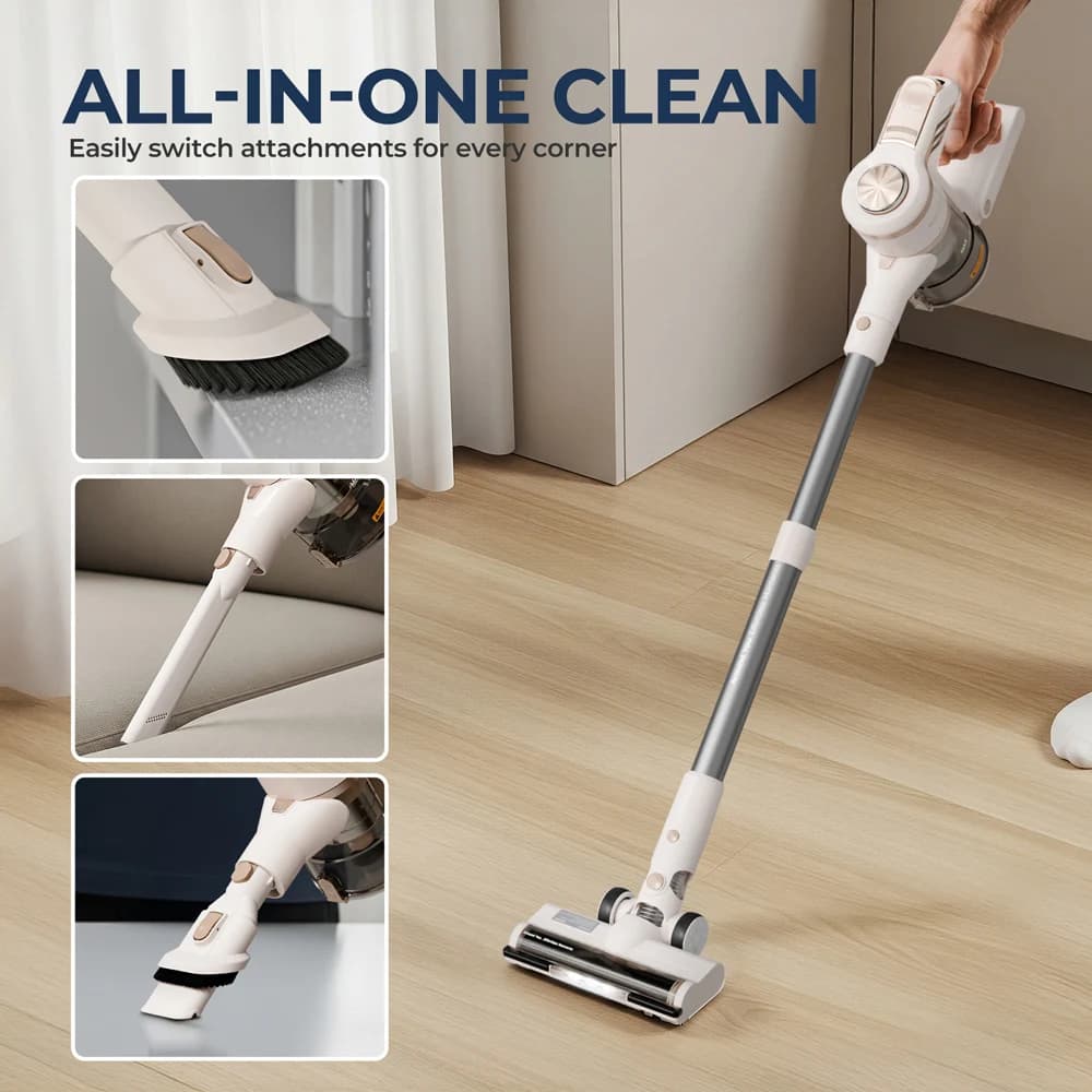 Cordless Vacuum Cleaner with LED Light, Touch Screen Rechargeable Rod Vacuum Cleaner, 2 Suction, Brushless Motor, White