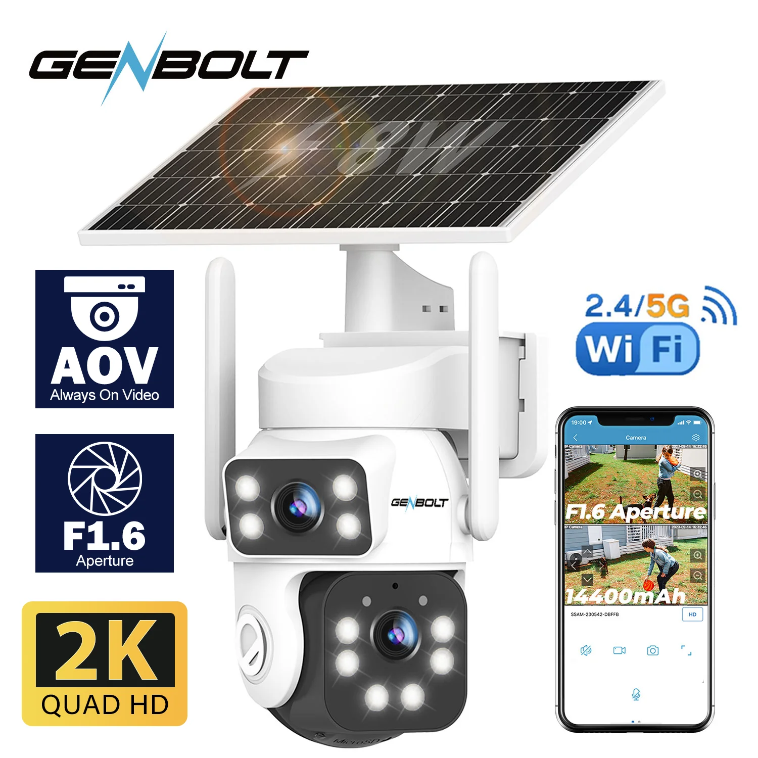 GENBOLT 2K Solar WiFi Security Camera, AOV 24/7 Recording, 14400mAh Battery, Dual View, AI Human Detection, 2.4/5GHz Wireless Outdoor CCTV