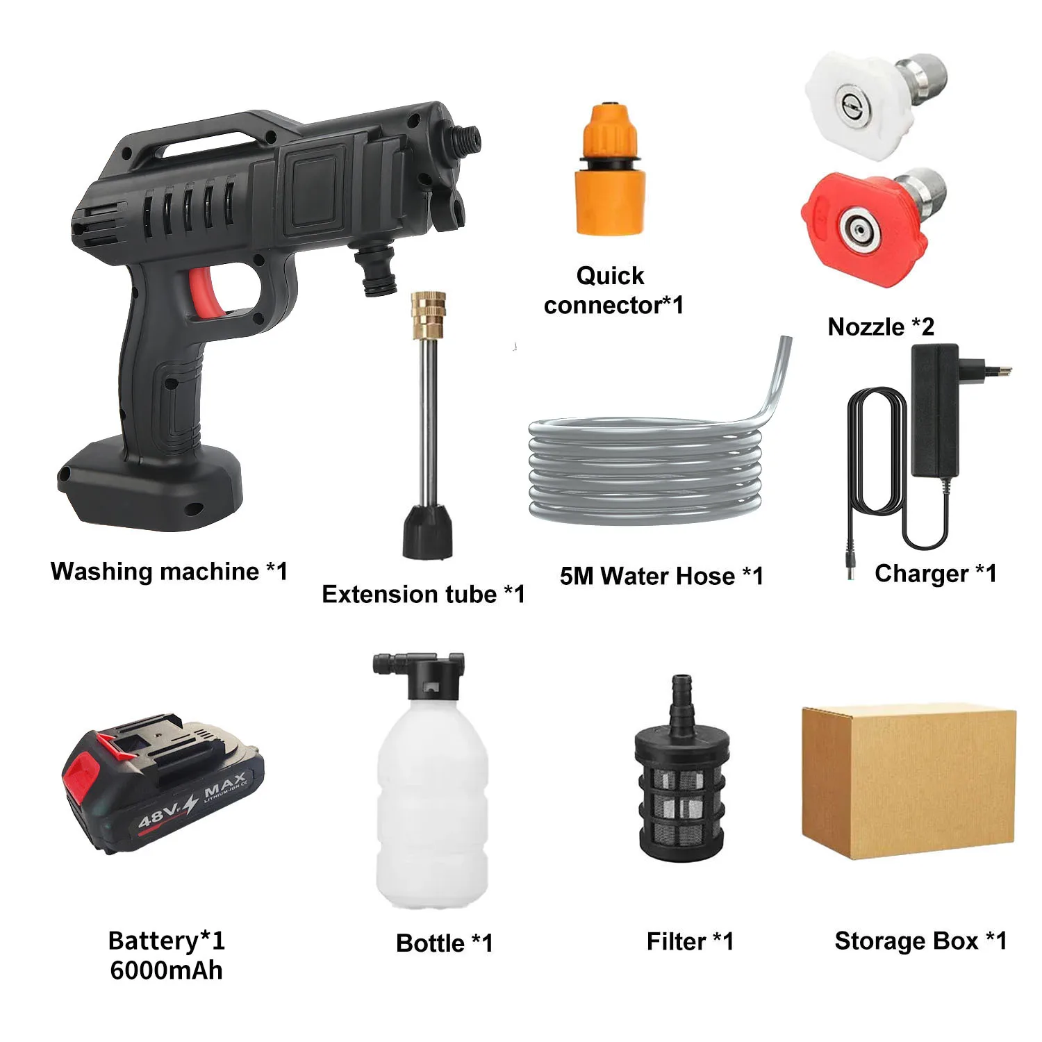 1500W 48V Cordless High Pressure Washer, Portable Wireless Car Washing Spray Gun with 2 Replaceable Nozzles, Self-Priming Rechargeable High Pressure Water Gun for Car, Patio, Garden Cleaning