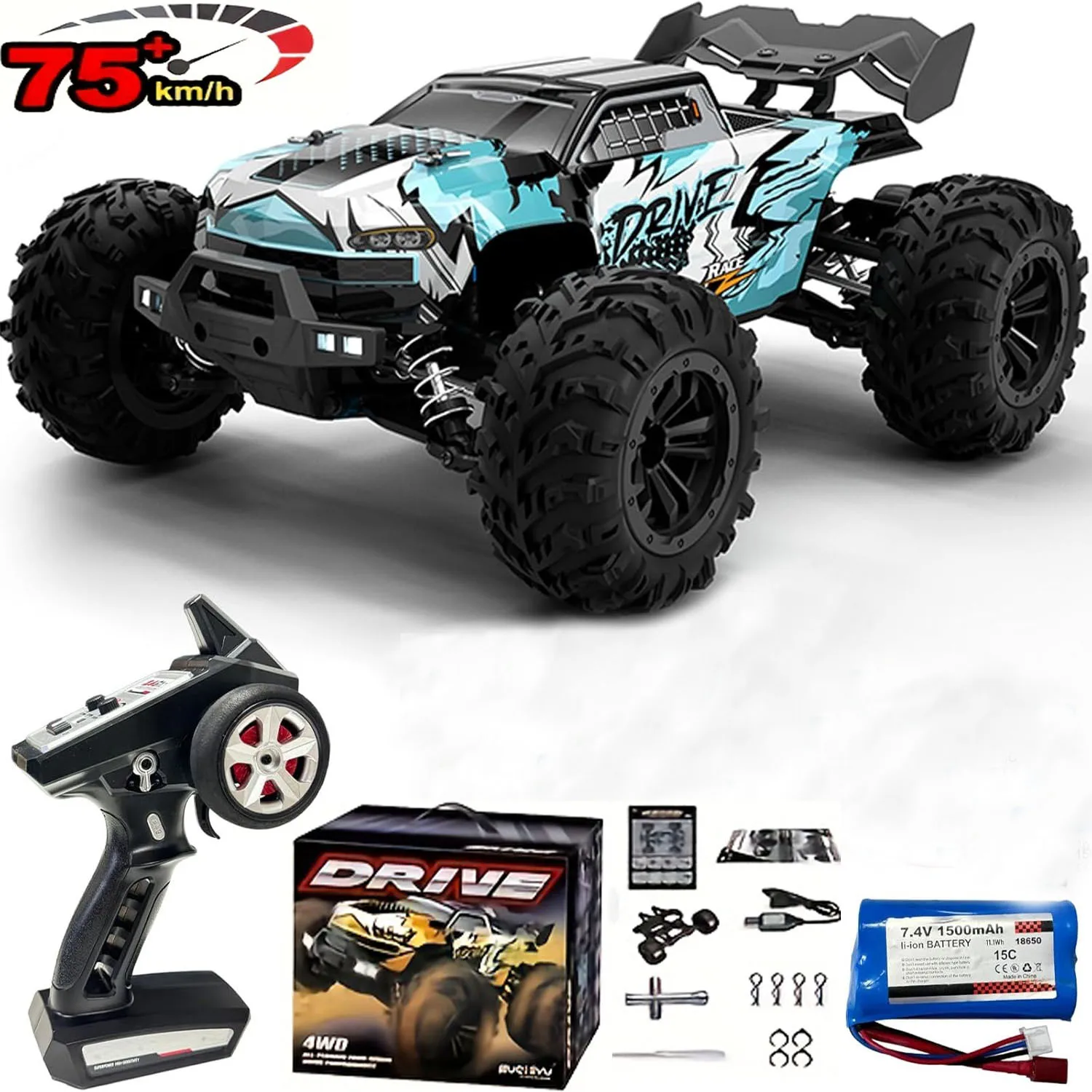 WLtoys 2.4GHz RC Car, 1:16 75km/h Off-Road Monster Truck with Headlights & Chassis Lights, Crawler Car for Enthusiasts & Kids Bi