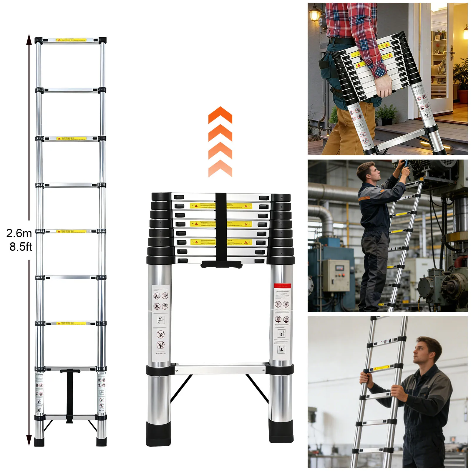 Telescopic Ladder 2.6M-6.3M Extension Ladder Stainless Steel Portable EN131 Standard  With Detachable Hooks 150kg Load Capacity