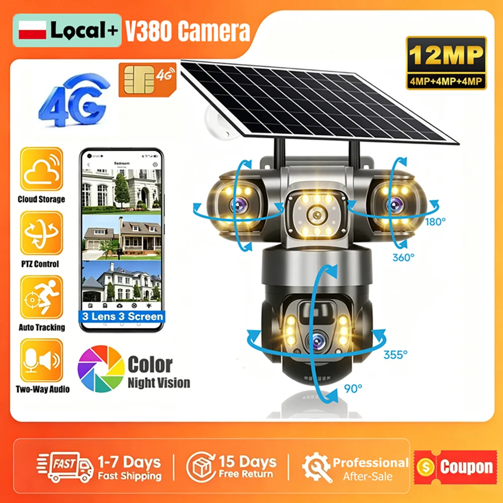 Solar Camera 4G Sim Outdoor 3 Lens 3 Screen PIR Human Detect Cameras 10X Zoom Waterproof Night Vision CCTV Security Protection