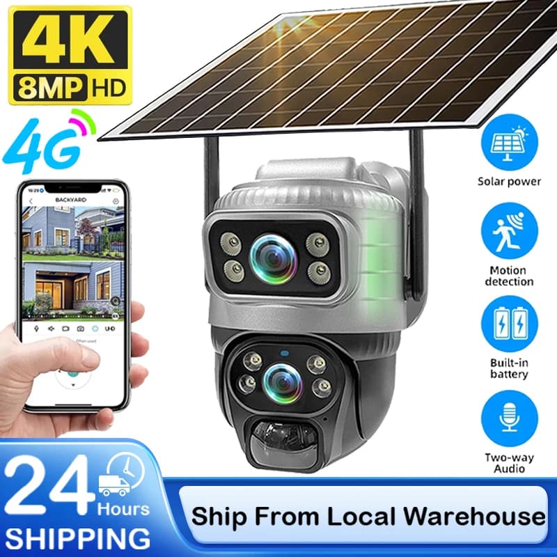 V380 Pro 4G Solar Camera Dual Lens Outdoor Security Protection Cameras Night Vision 4K 8MP Solar Charging Video Monitor Built-in 8000mAh Battery Surveillance