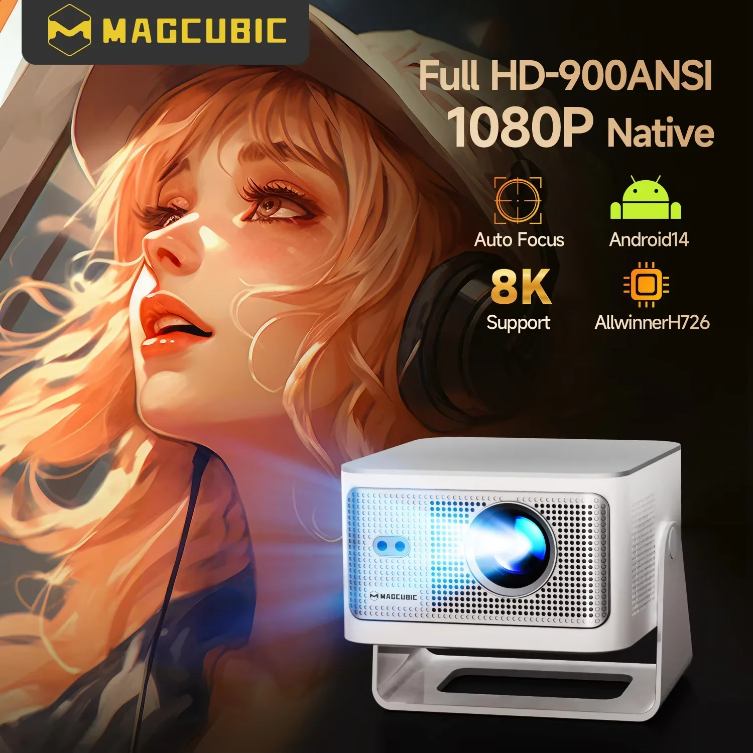 Magcubic Auto Focus Android14 Projector 4K 900Ansi 8K Native 1080P Hy350Max with Wifi6 Bt5.4 16g Allwinner H726 Portable Outdoor