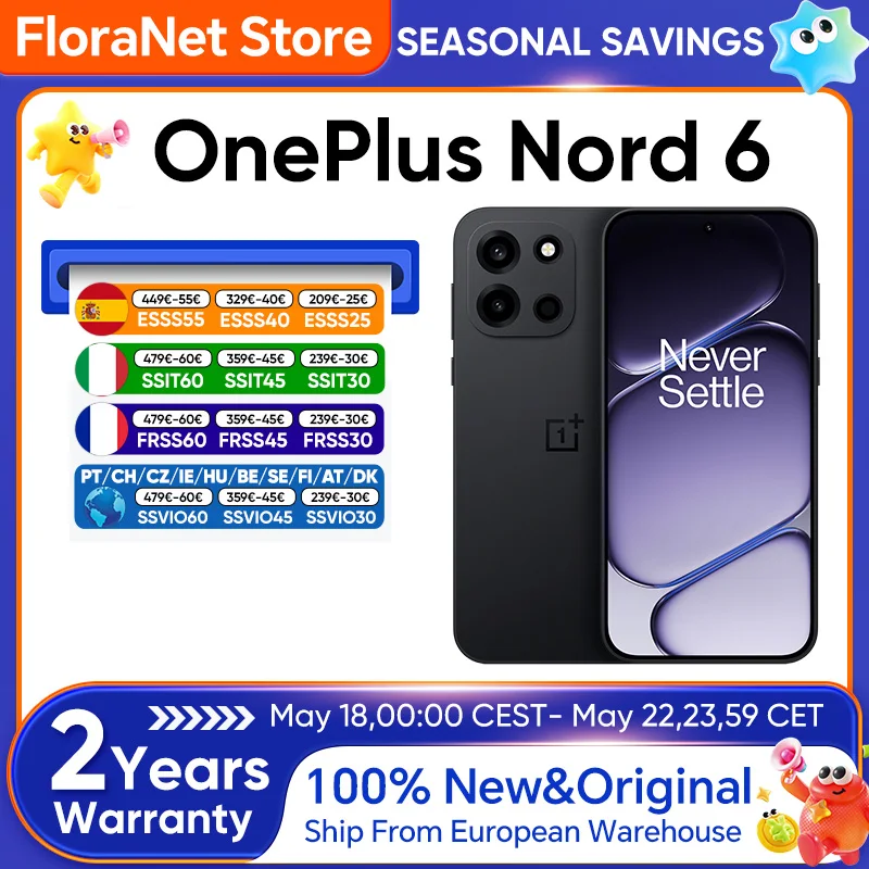 OnePlus Nord 6 5G Smartphone EU Version Snapdragon 8s Gen 4 165Hz 165FPS 6.78”AMOLED Display 7500mAh 80W SUPERVOOC Charging 50MP SONY main with 'Dual-axis' OIS