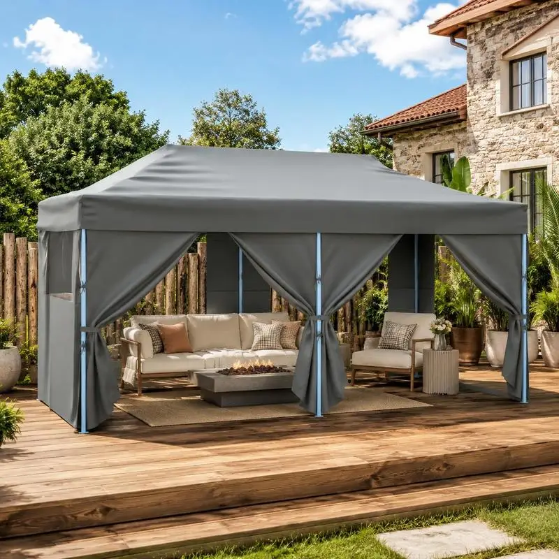 3x6m Folding Gazebo, Steel Frame Construction, Height Adjustable, With 4 Side Walls And Velcro, Anthracite, Suitable For Garden Wedding Market, 2m Clearance Height