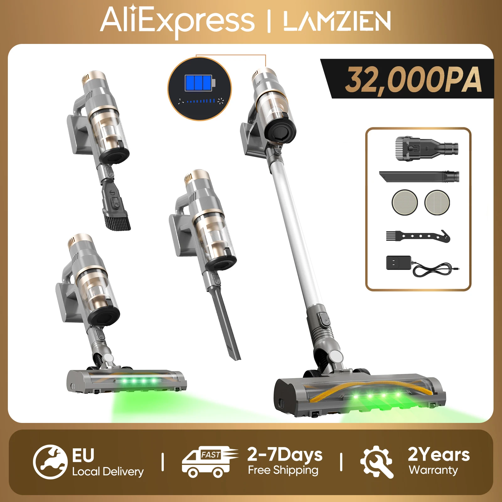 LAMZIEN V12PRO Cordless Vacuum Cleaner, 32000PA/40Min Runtime, Efficient HEPA Filtration, with Green LED Headlight, V-Shaped Anti-Tangle Brush for Hard Floor, Carpet & Pet Hair