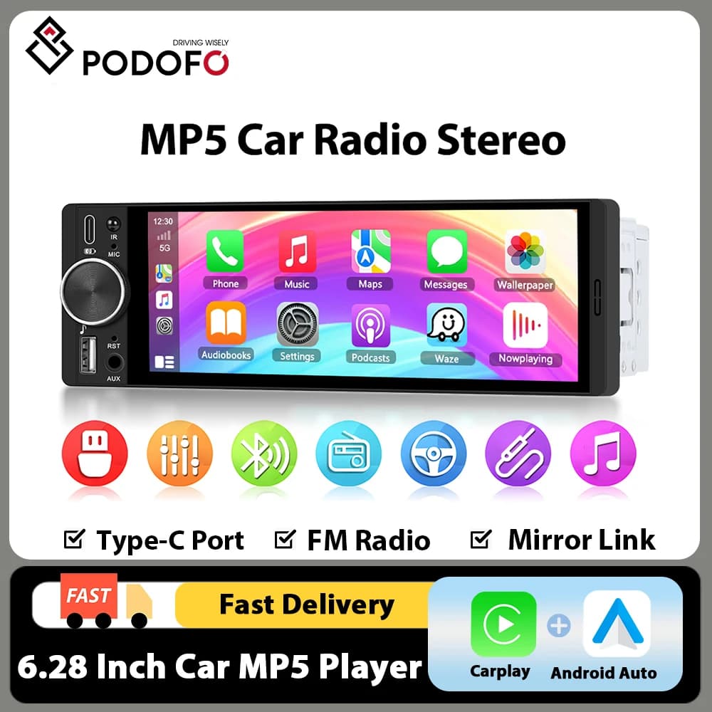 Podofo 1DIN 6.28" Universal Car MP5 Player Built-in Wireless CarPlay Android Auto Support Mirrorlink BT FM Rear View Camera