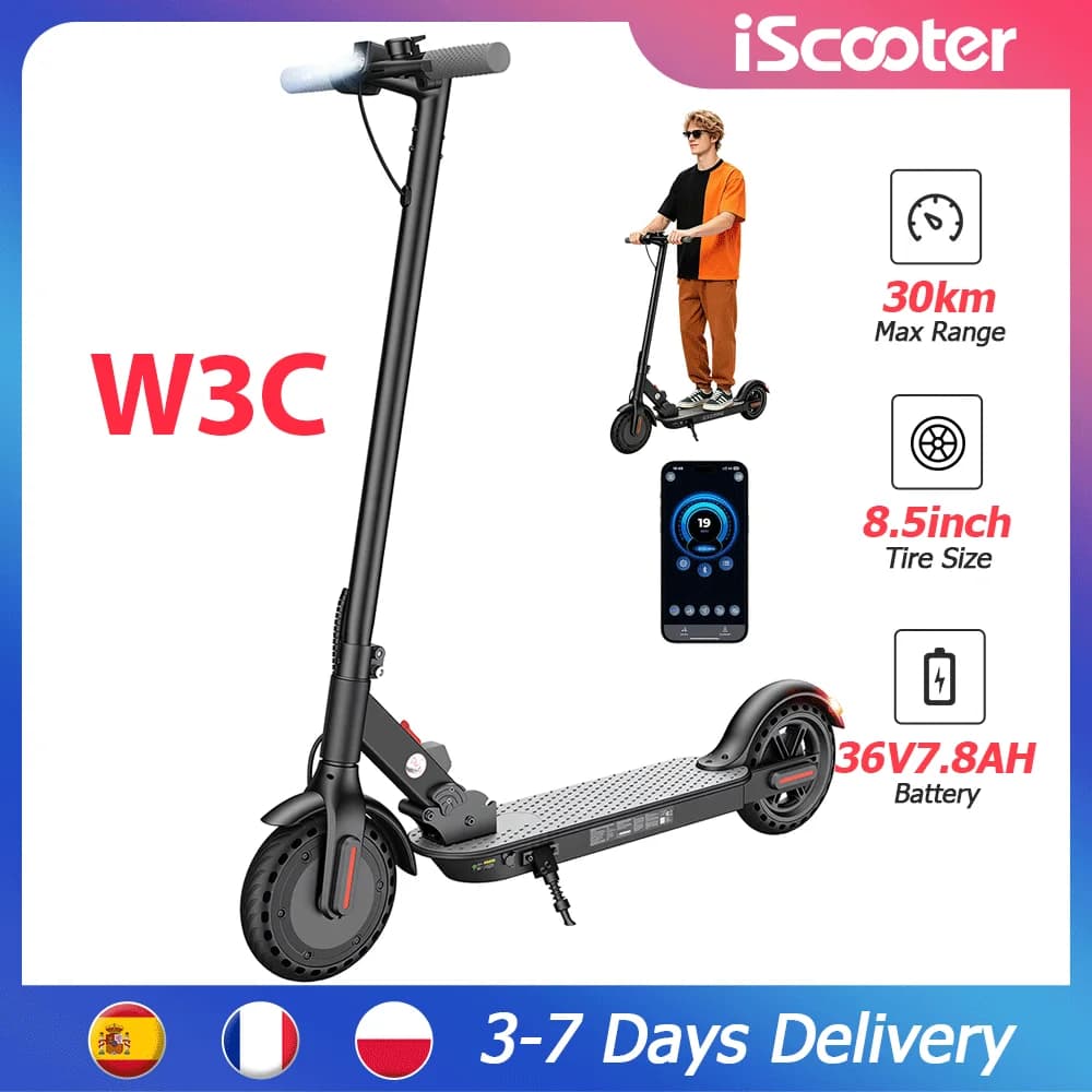 W3C Eu 8.5 Inch Electric Scooter, 36V Battery 22-30Km Range Rear Drive, Pneumatic Tires, Rear Hub Brake Electric Brake