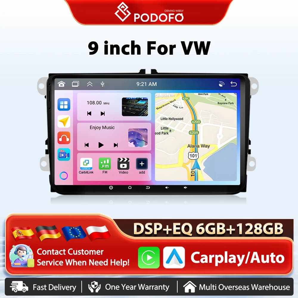 Podofo 6+128G Wireless CarPlay Car Autoradio Android Auto GPS Navigation AI Voice Multimedia Player for VW WIFI DSP FM/RDS EQ BT