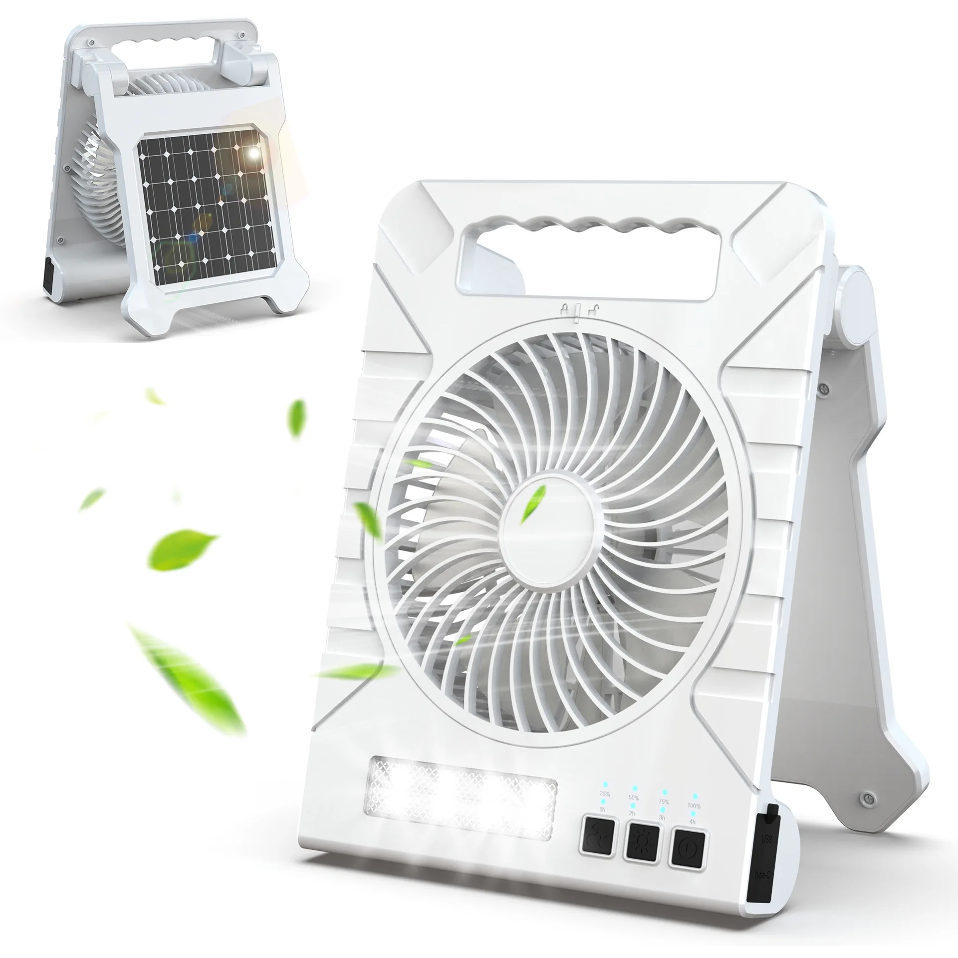 Solar Camping Fan 4000mAh Power Bank USB Charging 4 Speeds LED Light Portable Foldable Fan for Outdoor Camping