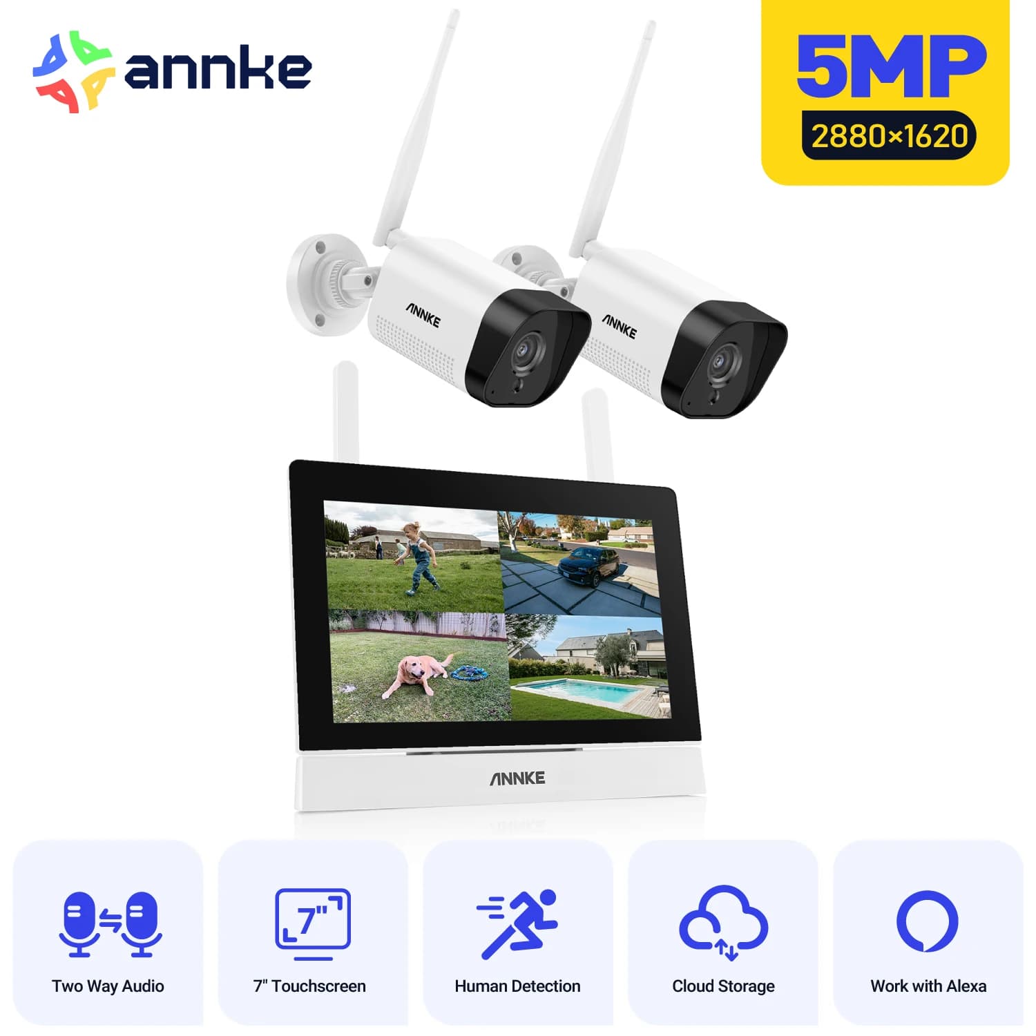 ANNKE 5MP Wireless Security Kit 4CH 5MP HD NVR with 7" Touchscreen 5MP Cameras,100ft Night Vision, Two‑Way Audio, AI Human Detection, H.264+ Compression, Plug‑and‑Play Wi‑Fi