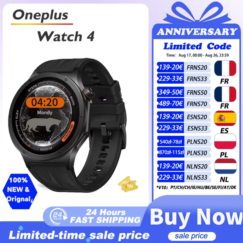 Global version OnePlus Watch 4 Smartwatch 1.5 inches Wear OS by Google Snapdragon W5 up to 16 days Google Wallet