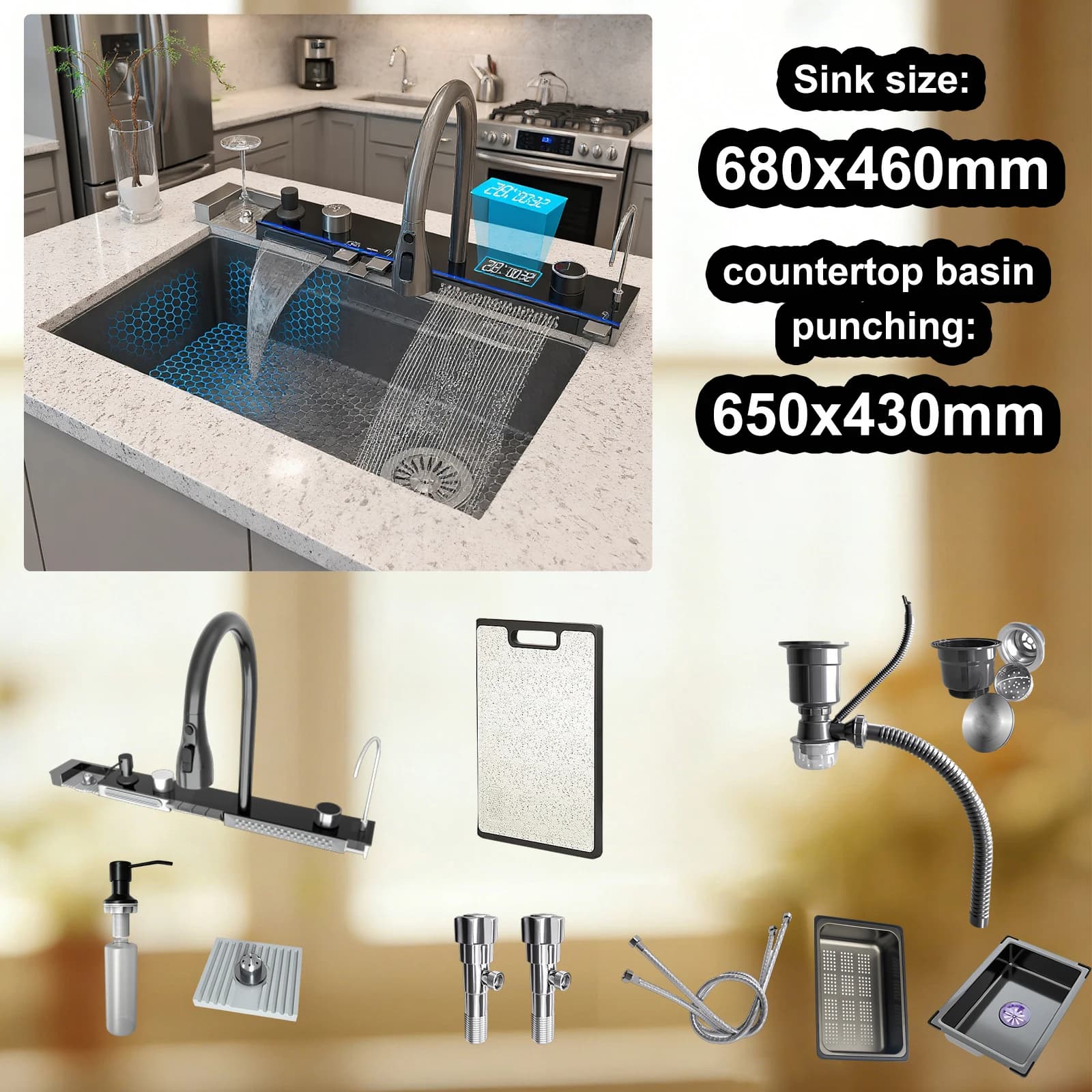 Stainless Steel Kitchen Sink Multifunctional Digital Display Waterfall Large Single Slot Washing Vegetables and Dishes