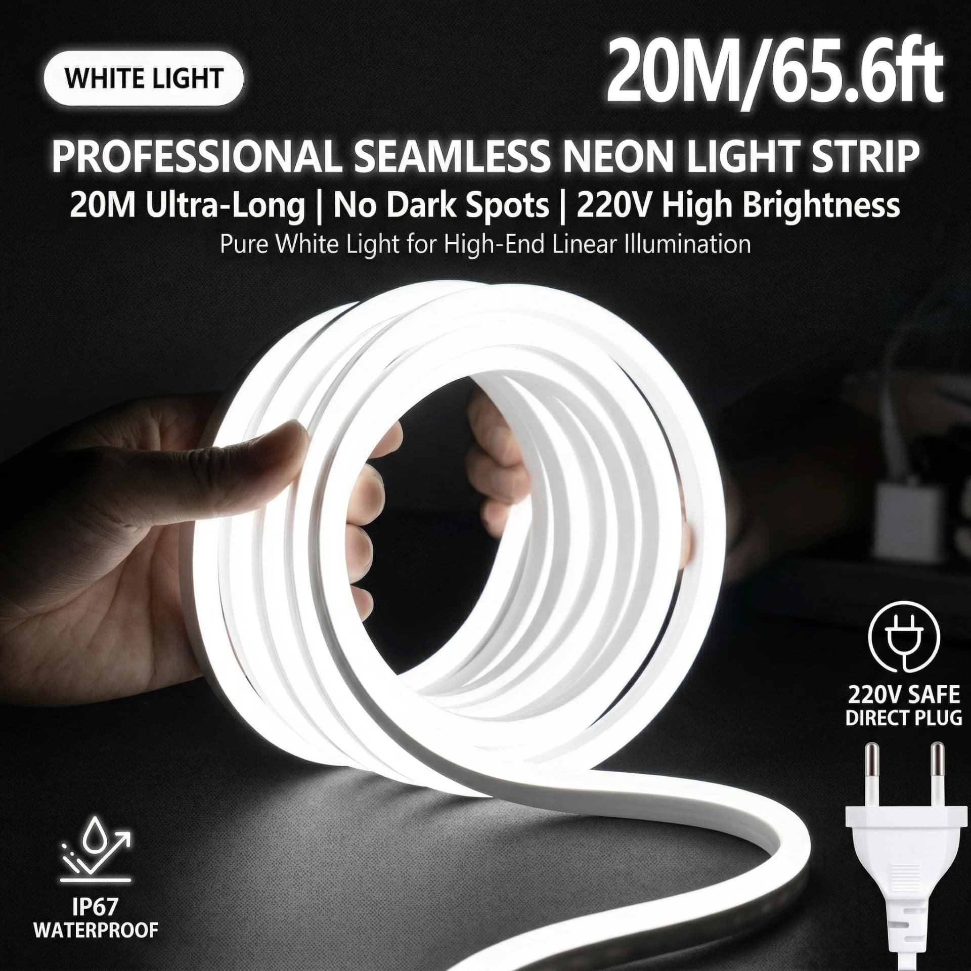 20m/65.6ft Silicone neon light LED Strip Lights 220V High Lumen LED Ribbon Waterproof Diode Tape Outdoor Light for Home decor