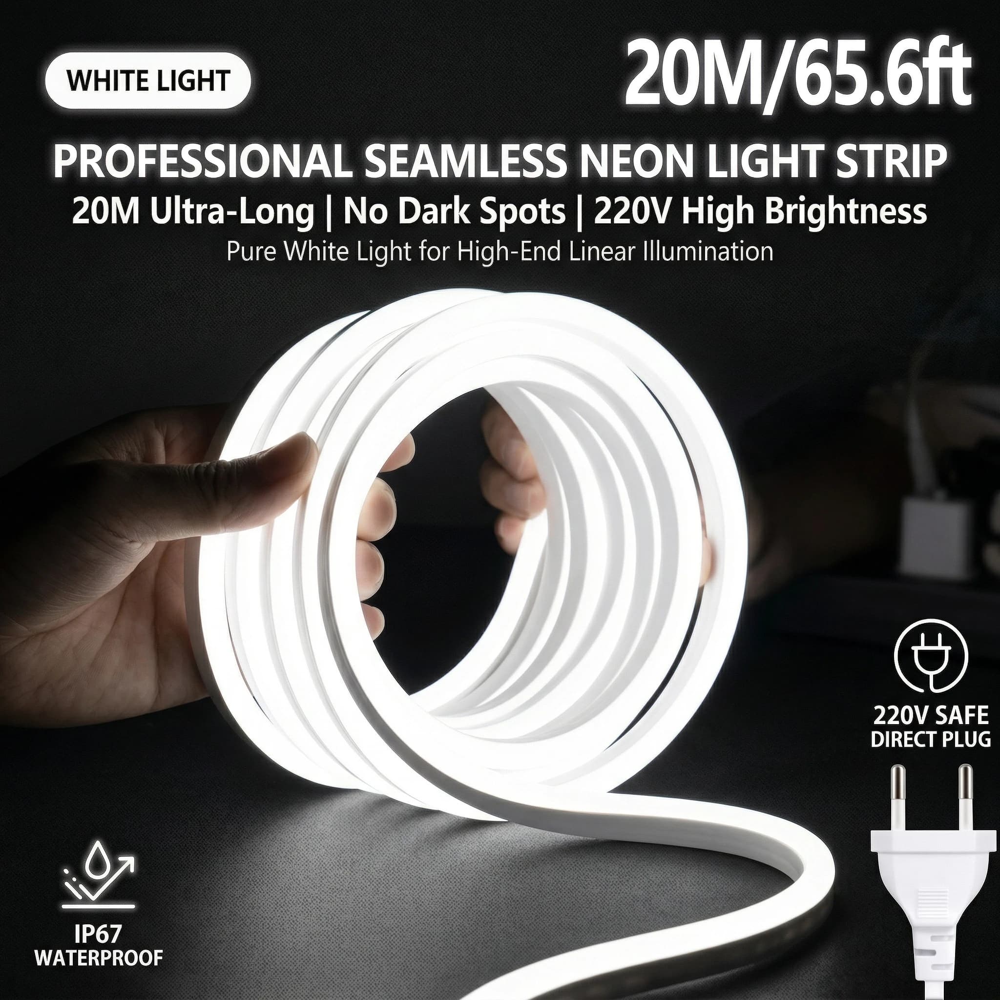 20m/65.6ft Silicone neon light LED Strip Lights 220V High Lumen LED Ribbon Waterproof Diode Tape Outdoor Light for Home decor