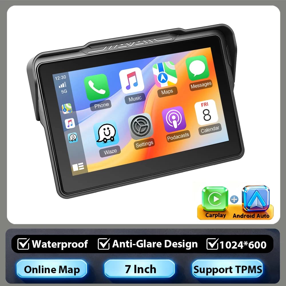  Podofo 5"/7" Screen Wireless Carplay Motorcycle GPS Navigation Smart Player Supports Android Auto tyre pressure monitoring IP67 Waterproof Recorder
