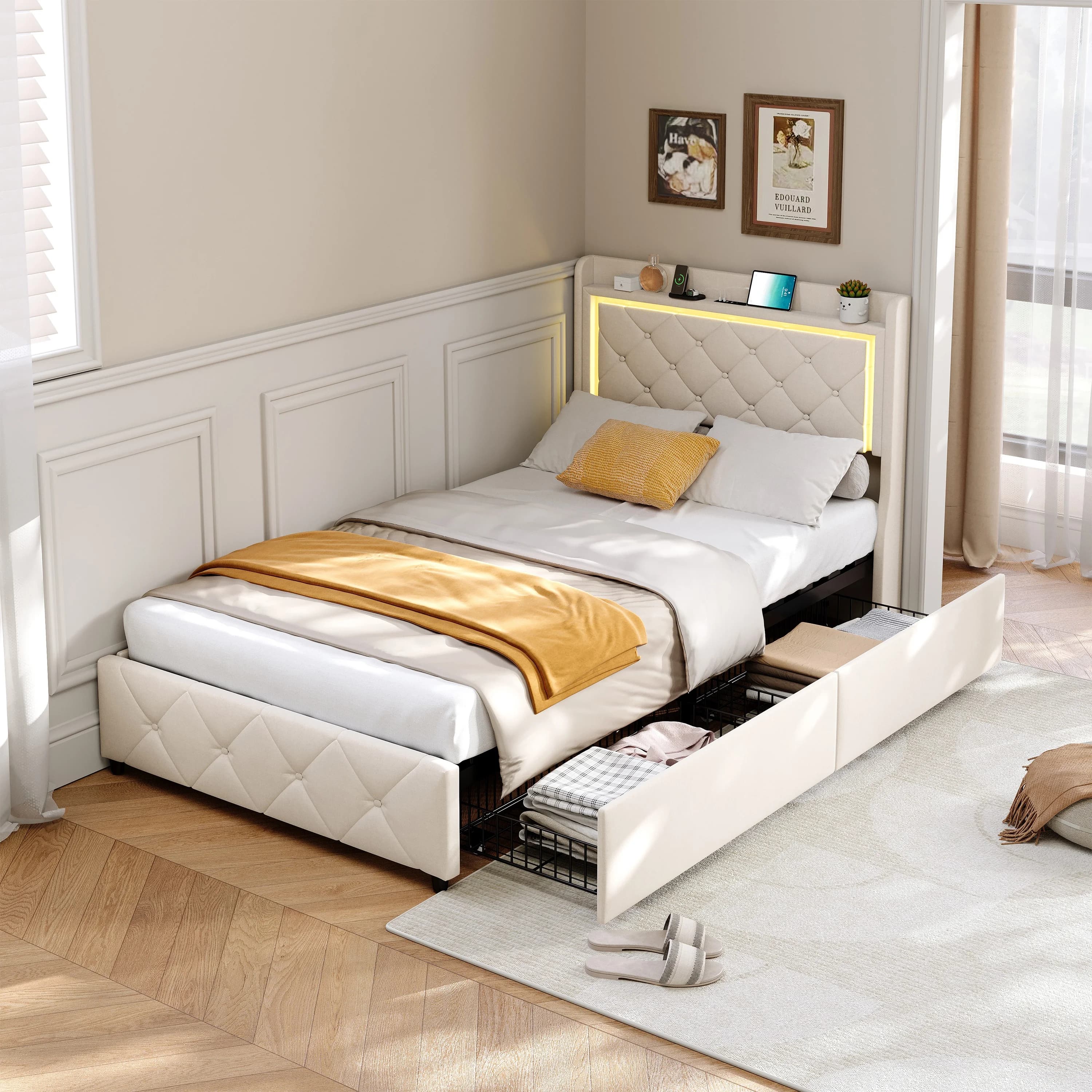 Rosahqnda Upholstery bed ,90x200cm, with LED and USB, open/closed storage space, single bed, slatted frame, velvet/linen fabric