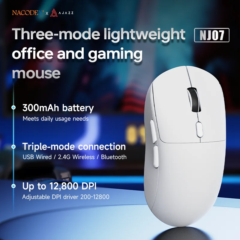AJAZZ NJ07 Wireless Gaming Mouse, 59g Lightweight, Pixart Sensor PAW3311, 6 DPI up to 12K, 2.4G/USB-C Wired PC Mouse for Gamers