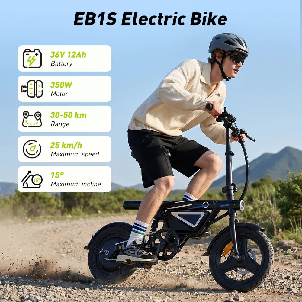 IScooter EB1S Electric Bicycle Features a 250W, 36V 12Ah Battery, Three-Speed Gears, a Top Speed of 35 Km/h, 14-Inch Pneumatic Tires, and Can Be Controlled via an App