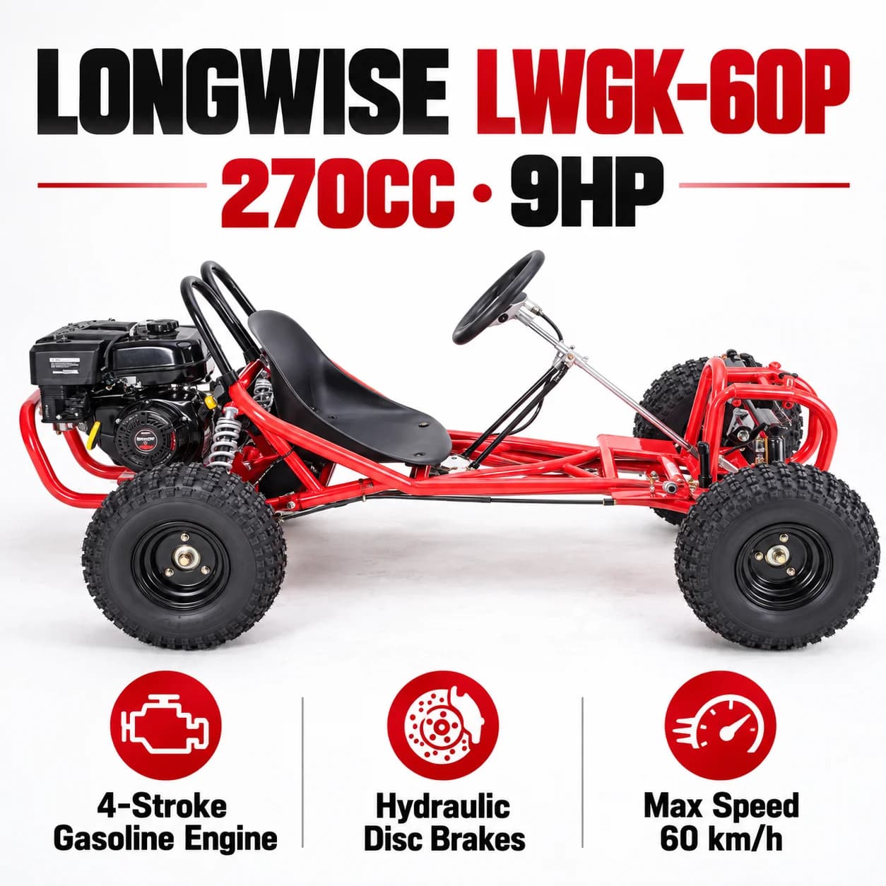 Longwise LWGK-60P 270cc 9HP 4-Stroke Gas Go Kart, Off-Road Buggy with Hydraulic Disc Brakes, Up to 60 Km/h