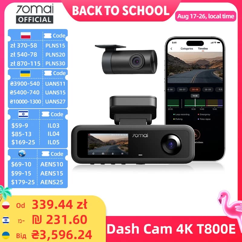 70mai T800E 3-Channel Front 4K + Rear 1080P + Interior 1080P HDR Supercapacitor 24H Parking GPS WiFi 6 70mai T800E Voice Control