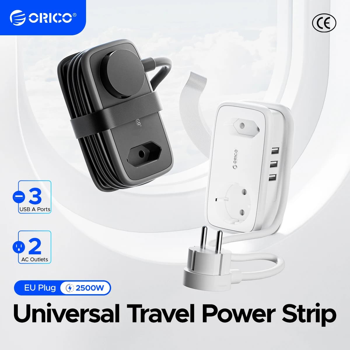 ORICO EU Plug Travel Power Strip with 2AC 3USB Port 1.1M Extension Cable 5-In-1 Charging Smart Socket for Home/Travel Save Space