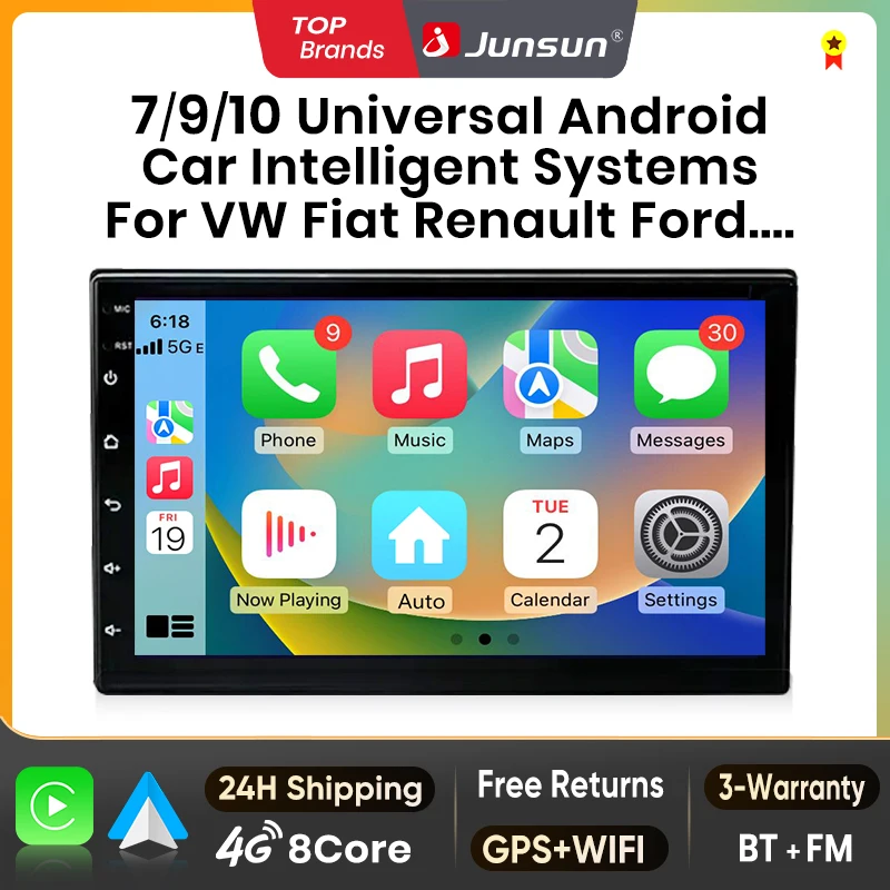 Junsun 7 9 10'' Universal Car Stereo Radio CarPlay Android Auto For VW Fiat Renault Nissan Peugeot Ford Hyundai Kia Honda Toyota Seat IPS Screen Multimedia Player Smart Intelligent Systems 2 Din Autoradio GPS Navigation Bluetoth 4G WIFI 8 Core FM DSP RDS