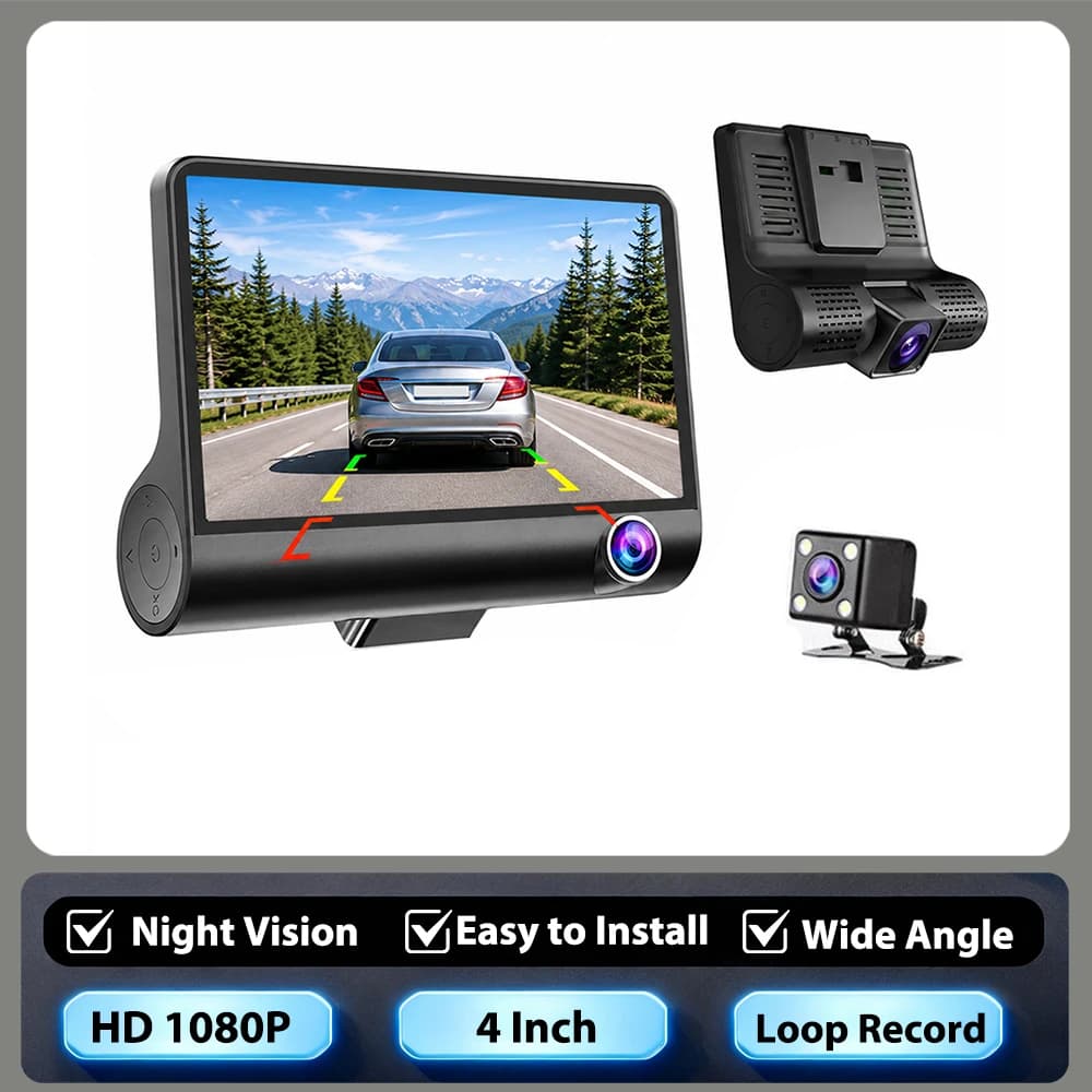 Podofo 4 Inch Three‑Way Car Dash Cam FullHD 1080P Video Registrator 170 Degree Wide Angle Car Video Recorder With G‑Sensor Loop Recording Vehicle Dashcam