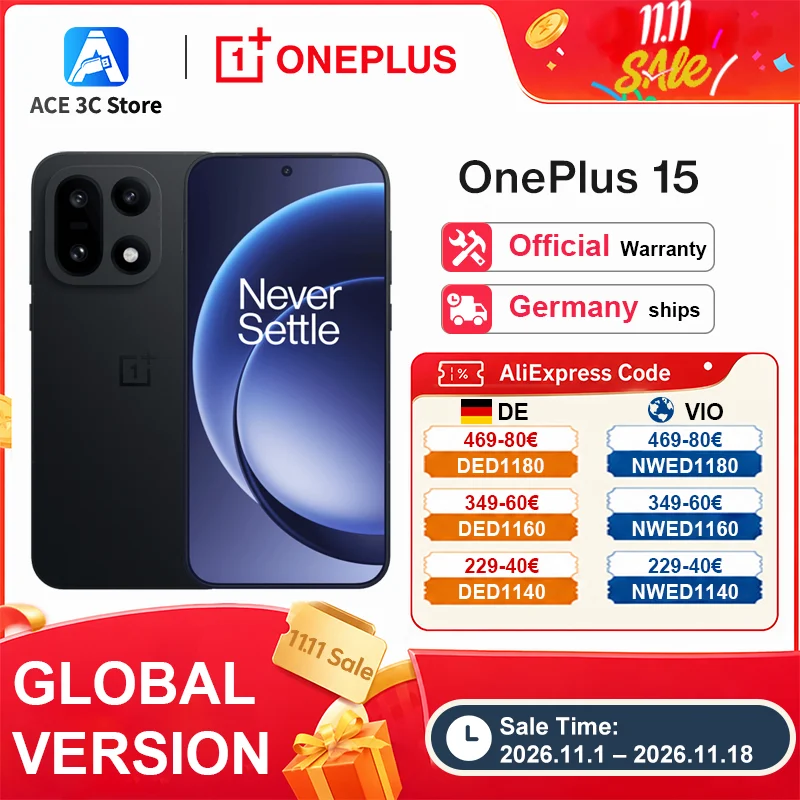 OnePlus 15 5G,Global Version Smartphone,12+256,16+512, Snapdragon 8 Elite Gen 5,165Hz Display,7300mAh,120W,eSIM,NFC,Black