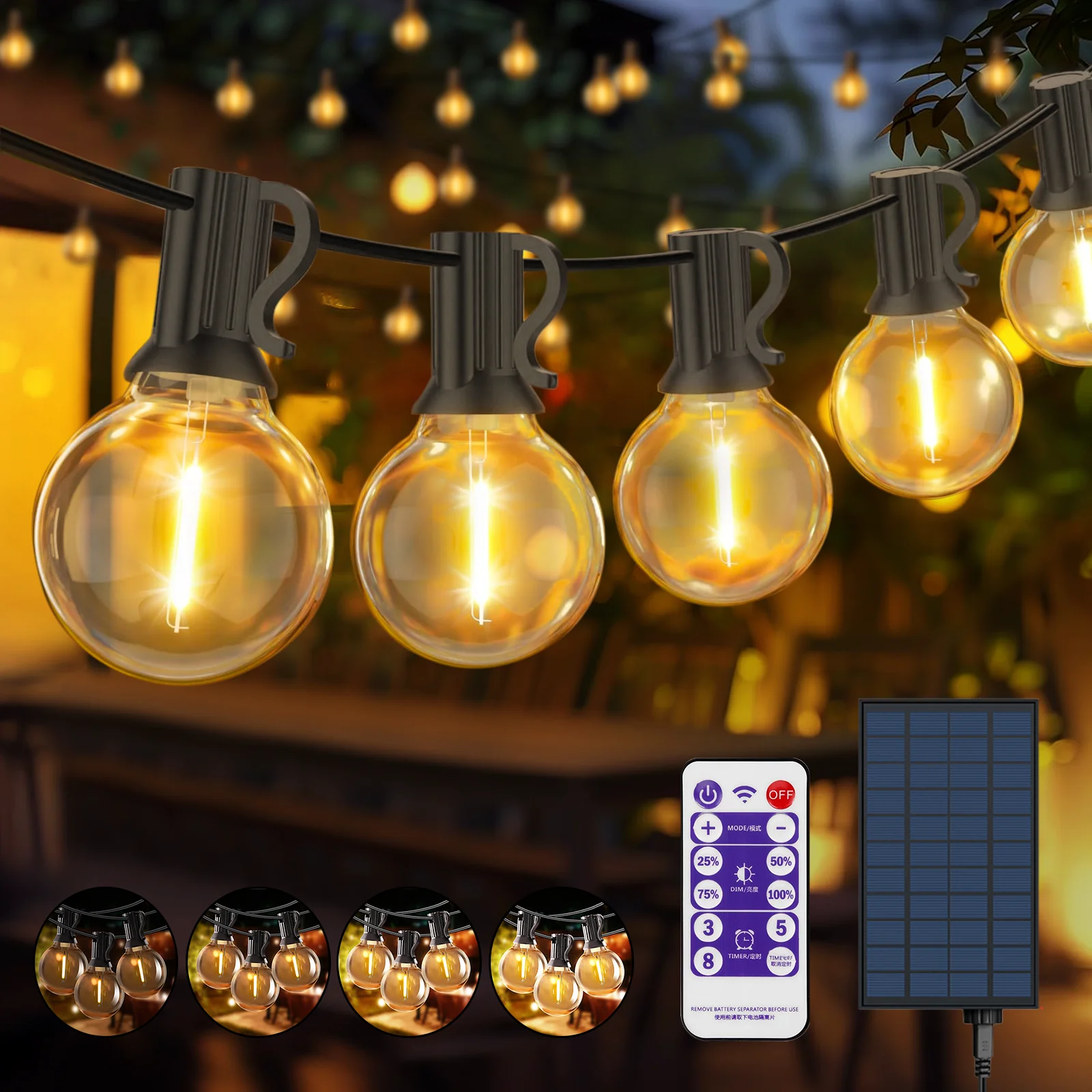 Solar LED String light Outdoor with Remote Control - Dimmbar G40 Lantern Bulbs Outdoor Waterproof 8 Modes Solar L