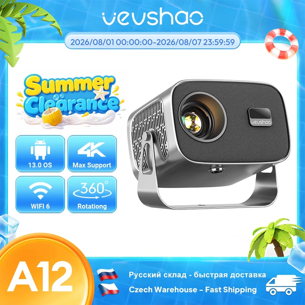 VEVSHAO A12 Projector Mini Portable  LED Video Android 13.0 WIFI 6 Mirror SmartPhone for 1080P 4K Video Home Cinema Projector
