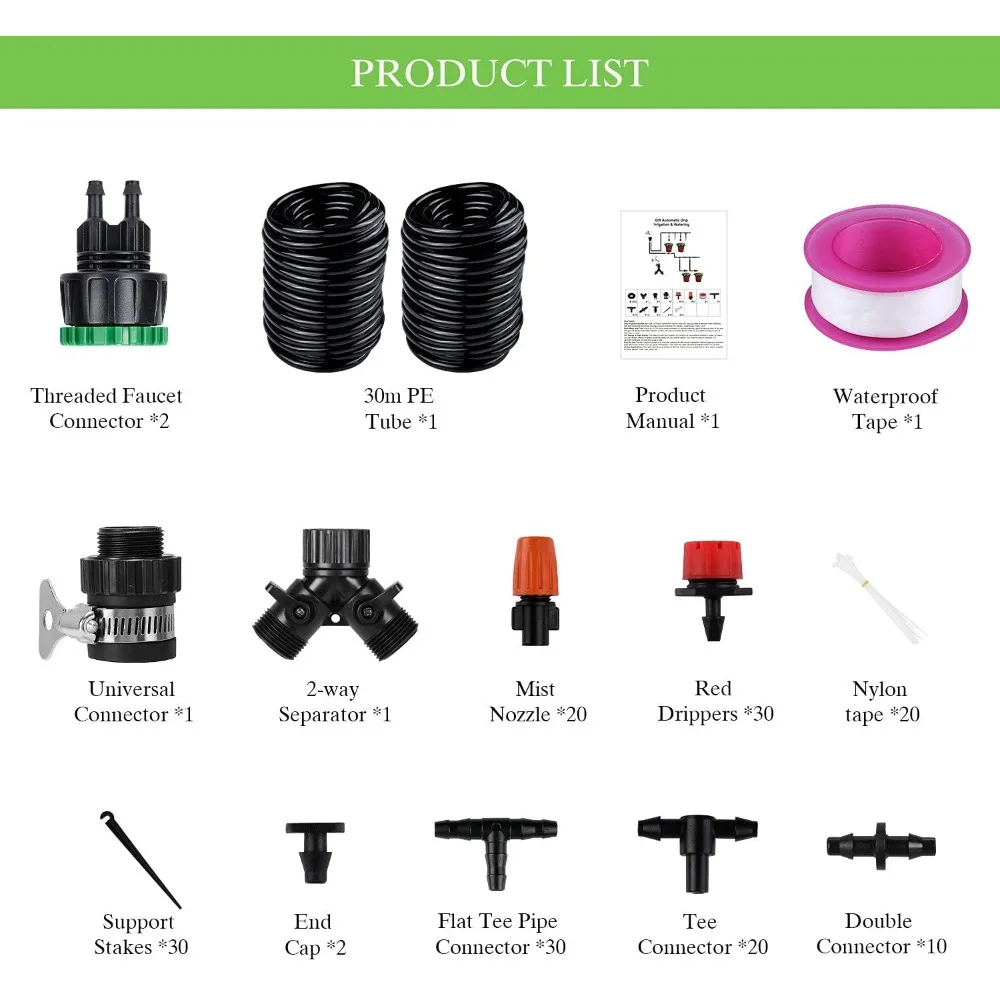 149Pcs Garden Drip Irrigation System Kit 30M PVC Soft Tube Automatic Plant Watering Set 70% Water Saving Adjustable Dripper Nozzle Easy Installation Irrigation Tool for Garden Lawn Greenhouse Yard