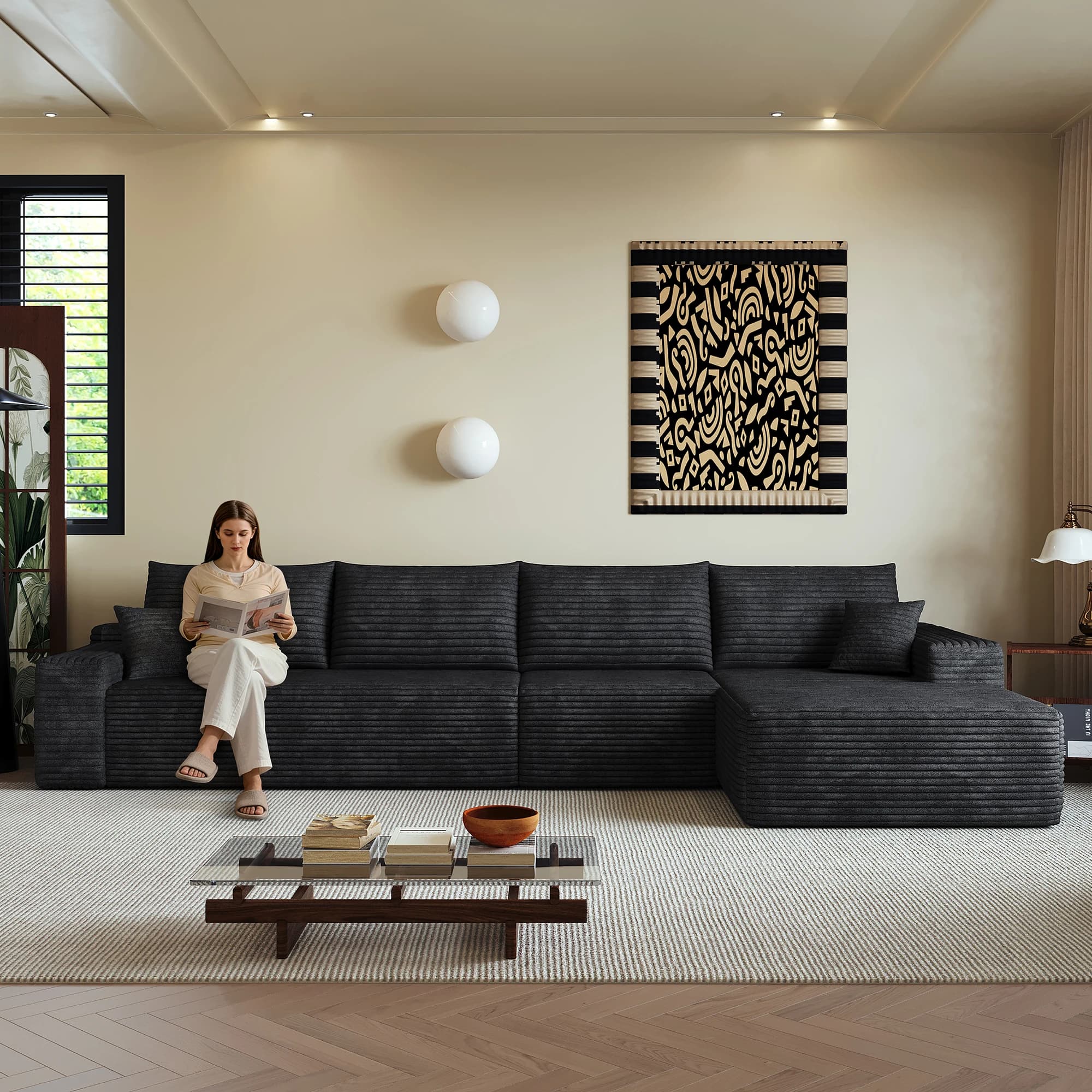 Boneless Modular L-Shape Corner Sofa with Chaise, Deep Seat, Plush Corduroy, No Assembly Required, Compression Sofa for Living Room, Bedroom, Apartment, Black