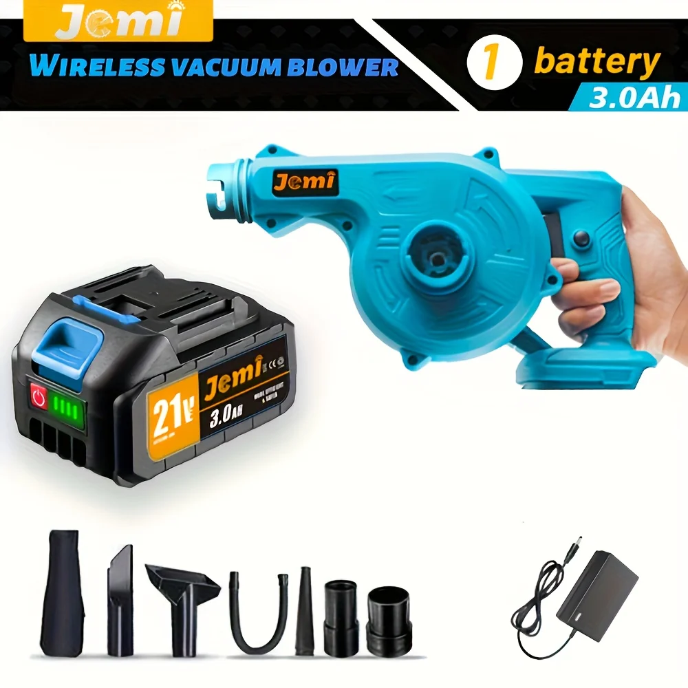 Jemi Cordless Vacuum Leaf Blower, Equipped with Multiple Attachments and a 3.0Ah Rechargeable Battery, 2-in-1  Electric Leaf Blower Suitable for Lawn Care, Car Drying, Dust Removal, and Pet Hair Removal