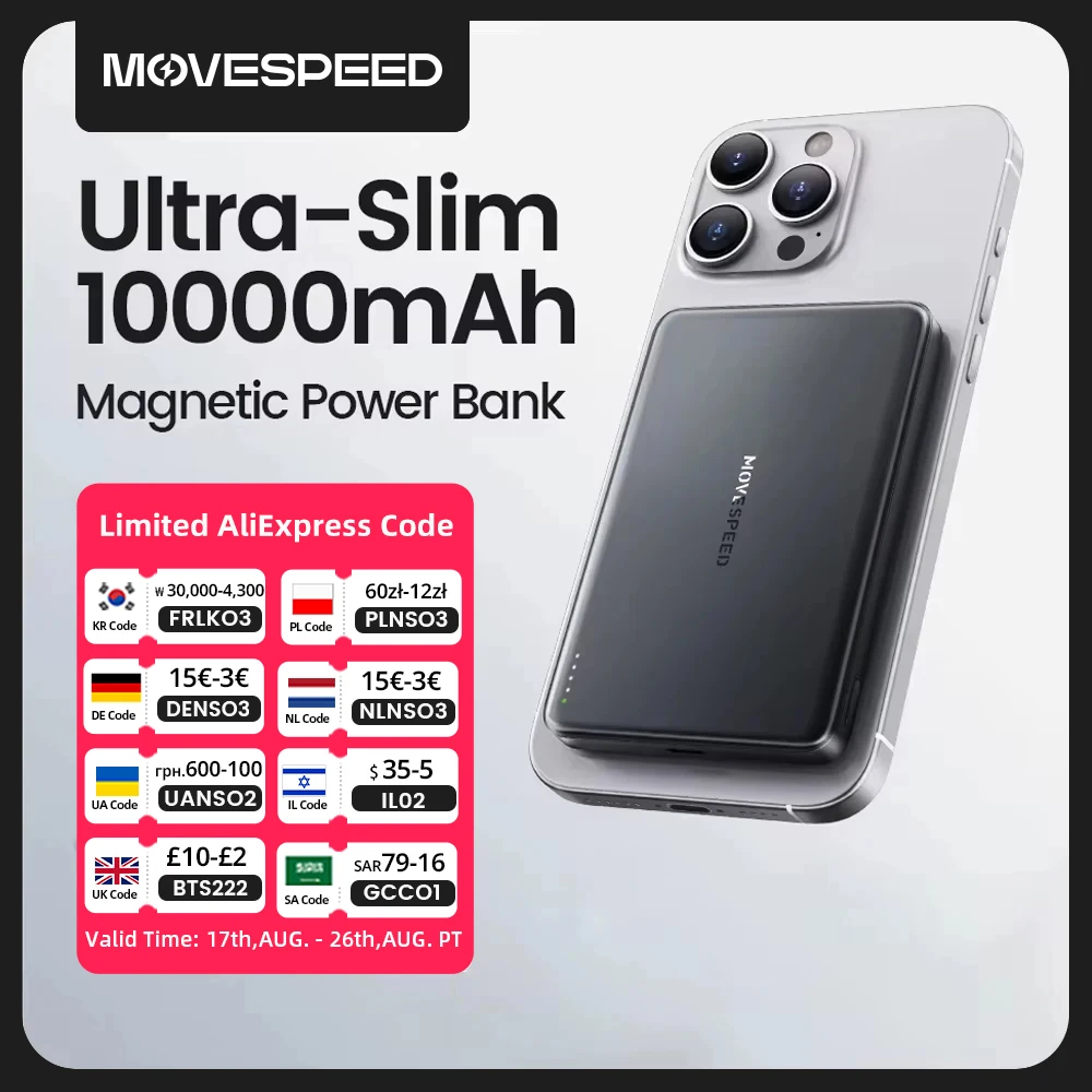 MOVESPEED S10 Slim Magnetic Power Bank 10000mAh PD20W Portable Charger Wireless External Battery for iPhone 16 Samsung Powerbank