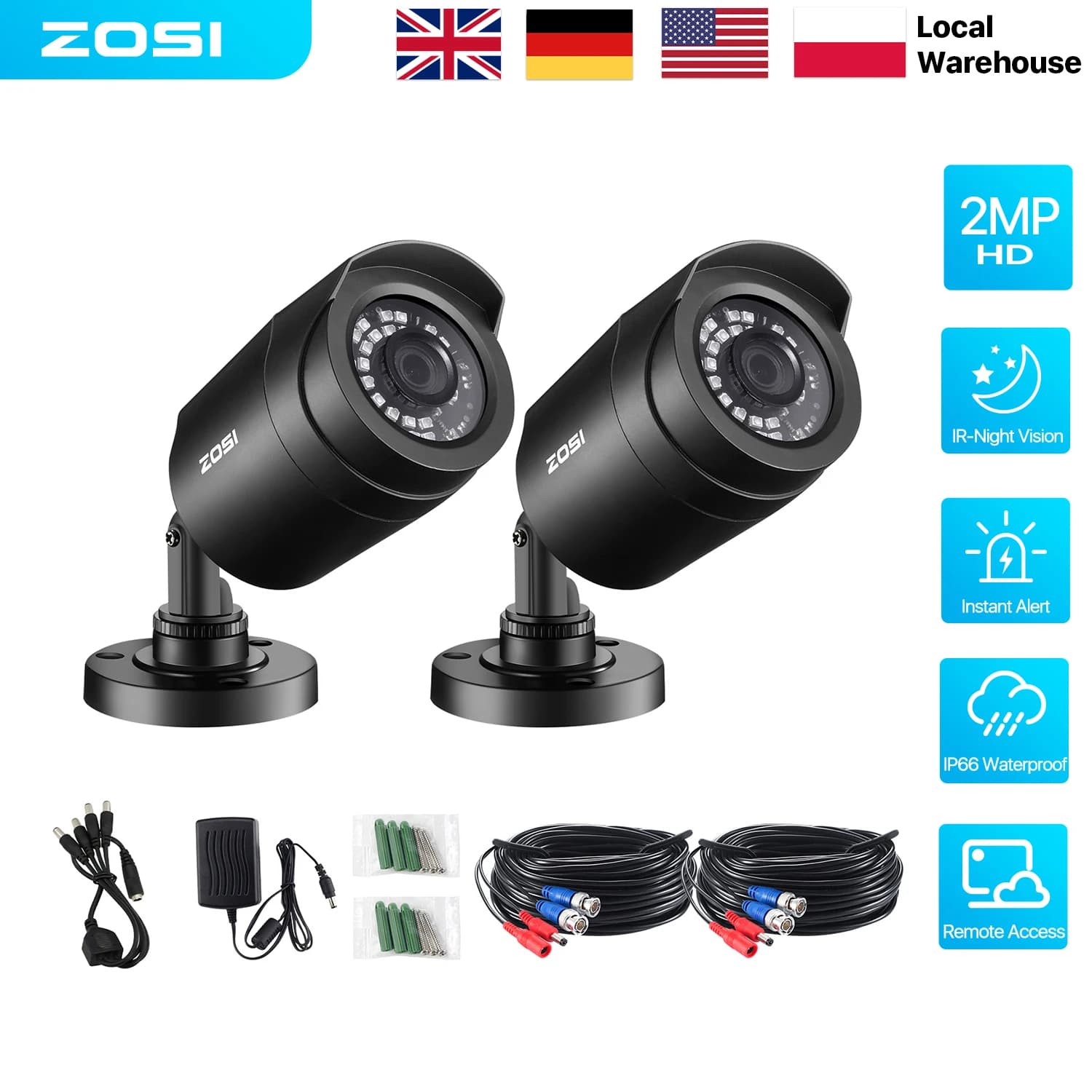 ZOSI 2 Pack 1080P HD TVI Security Camera Bullet Outdoor 80ft IR Night Vision Motion Detection 2MP HD CCTV Surveillance Cameras