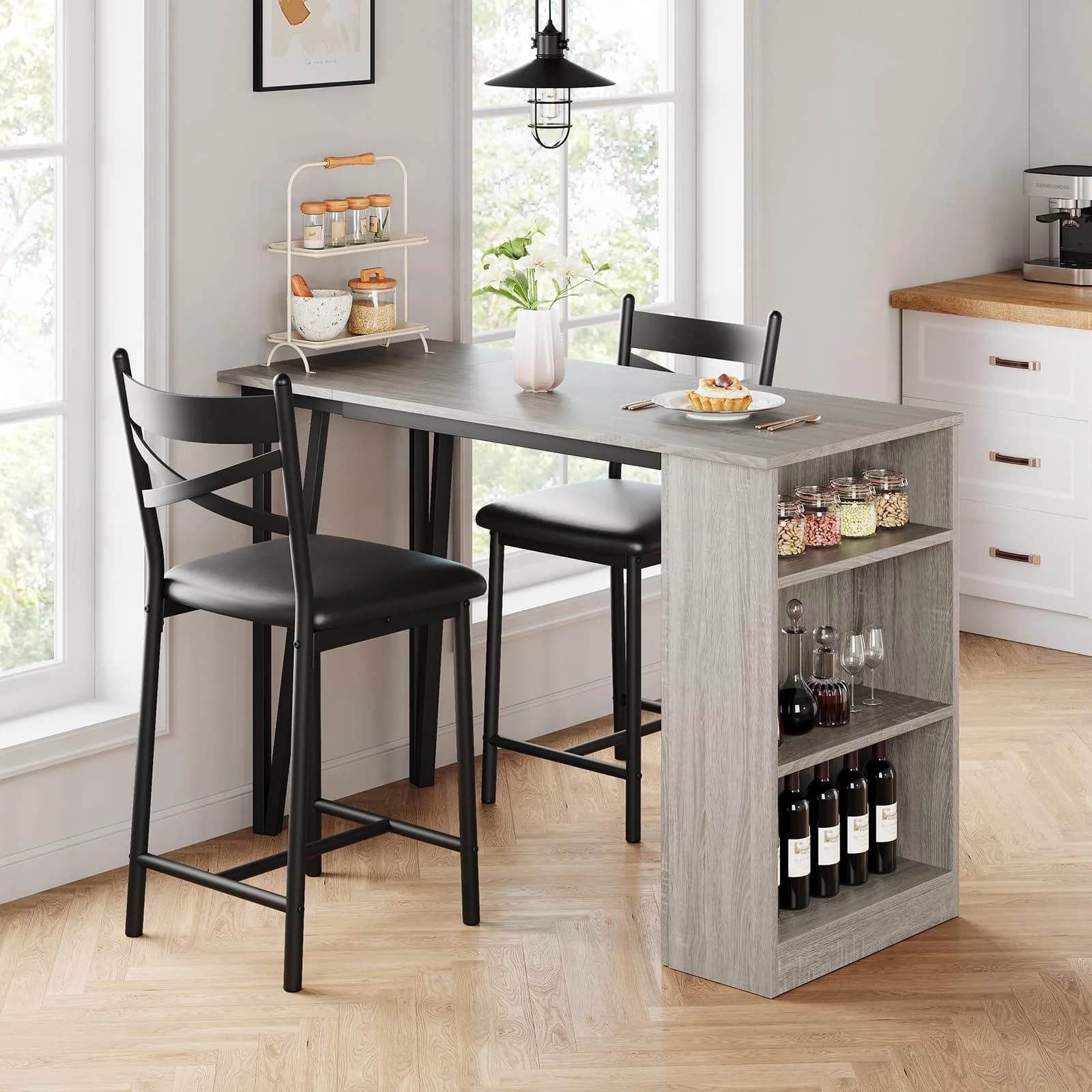 Garvee 3‑Piece Gray Bar Table & Chairs Set, Extendable Counter‑Height Kitchen Island Table with Storage Shelves, Small‑Space Dining Kit with 2 Cushioned Bar Stools for Home Use