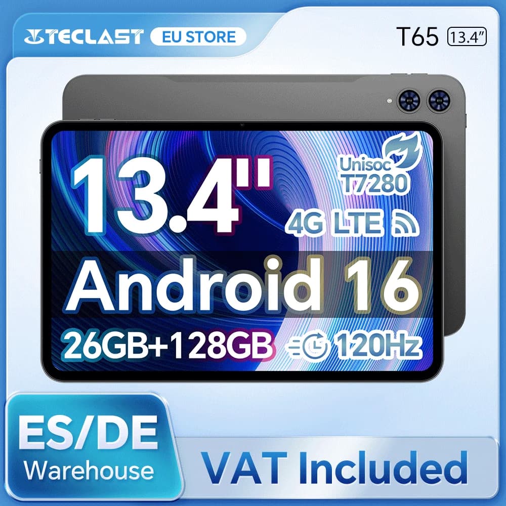 Teclast T65 Android 16 Tablet 13.4" 120Hz Display T7280 8-Core 26GB RAM(6GB+20GB Expansion) 128GB ROM 4G LTE GPS 8000mAh Type-C