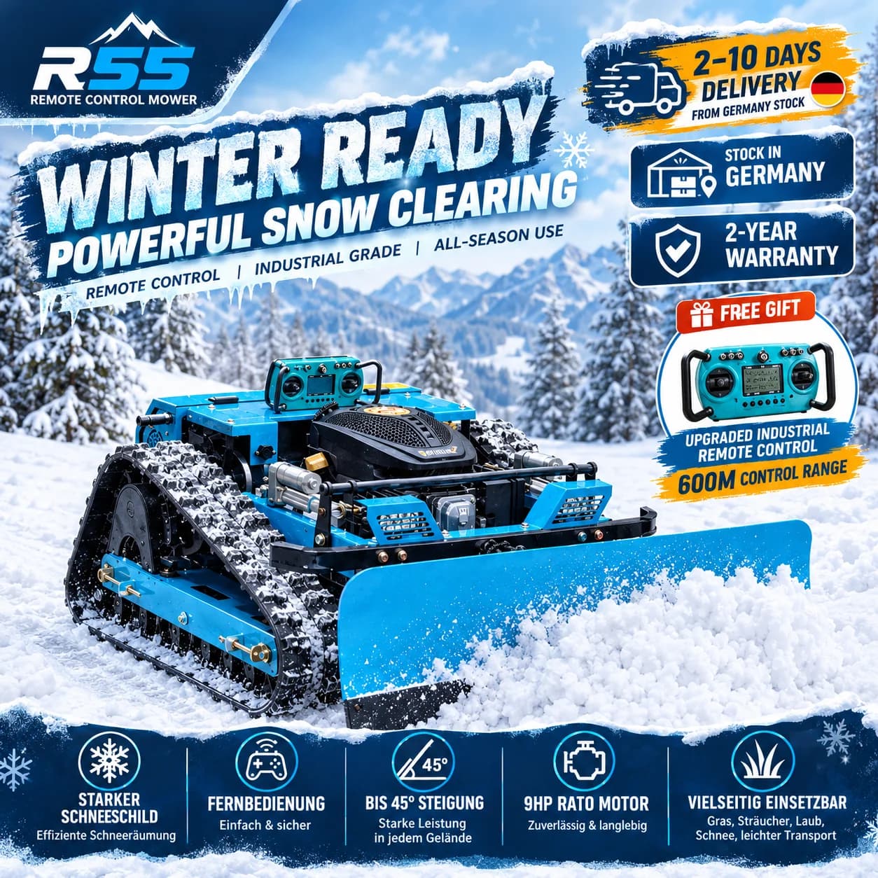 Remote-Controlled Lawn Mower 550mm | Dual Function: Grass Cutting & Snow Plowing Multi-Function Garden and Driveway Cleaner for All Seasons Use Home