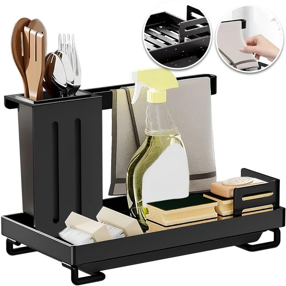 Kitchen Sink Organizer, with Removable Drain Pan, Worktop Dual-Use Sponge Brush Soap Dish Holder, Kitchen & Bathroom Accessories