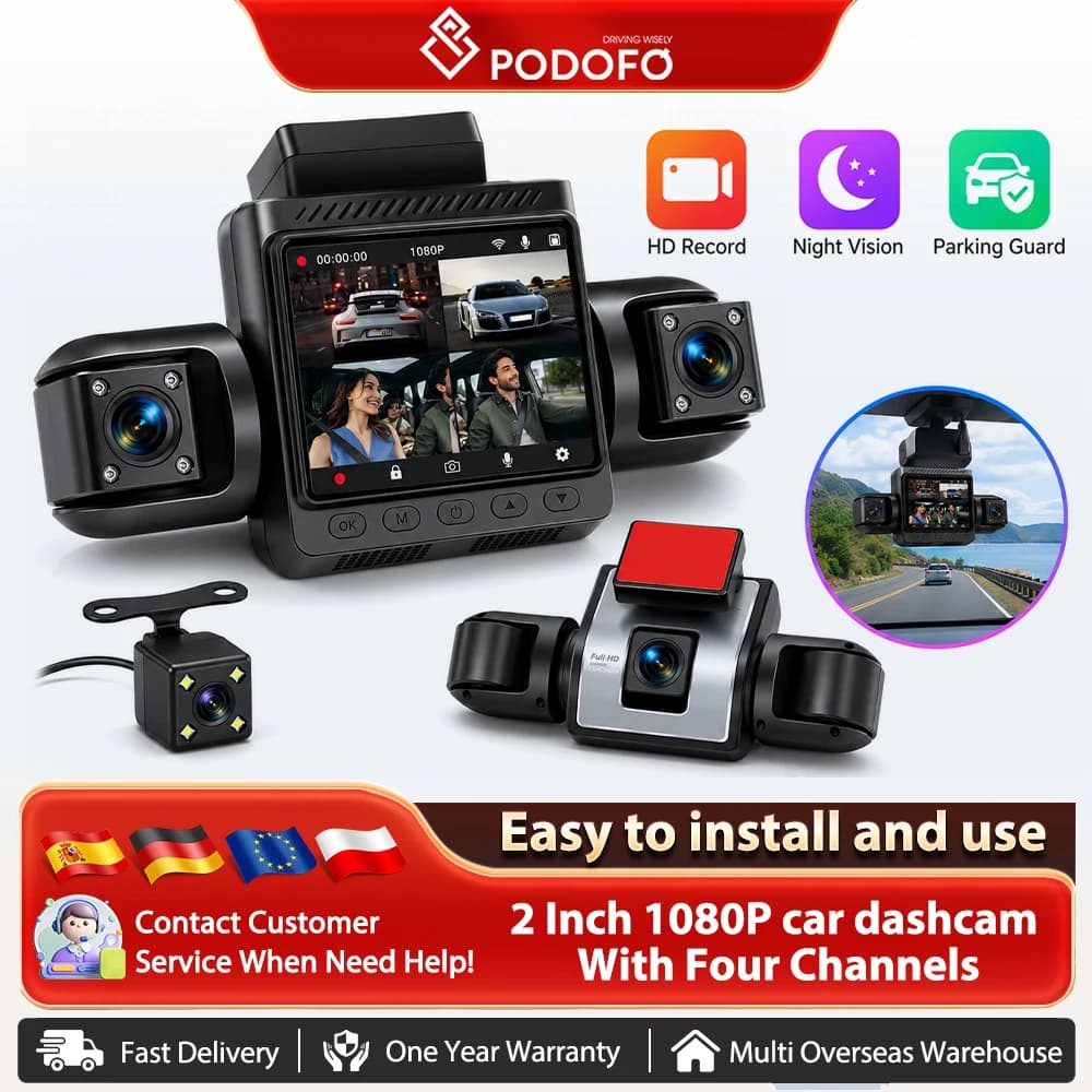 Podofo 2 Inch Car DVR 4 Lens Car Dash Cam Motion Detection Reverse Assistance Loop Recording Dashcam Night Vision 1080P Front Cam 480p Left Interior, Right Interior, And Rear Views Car Parking Accessories