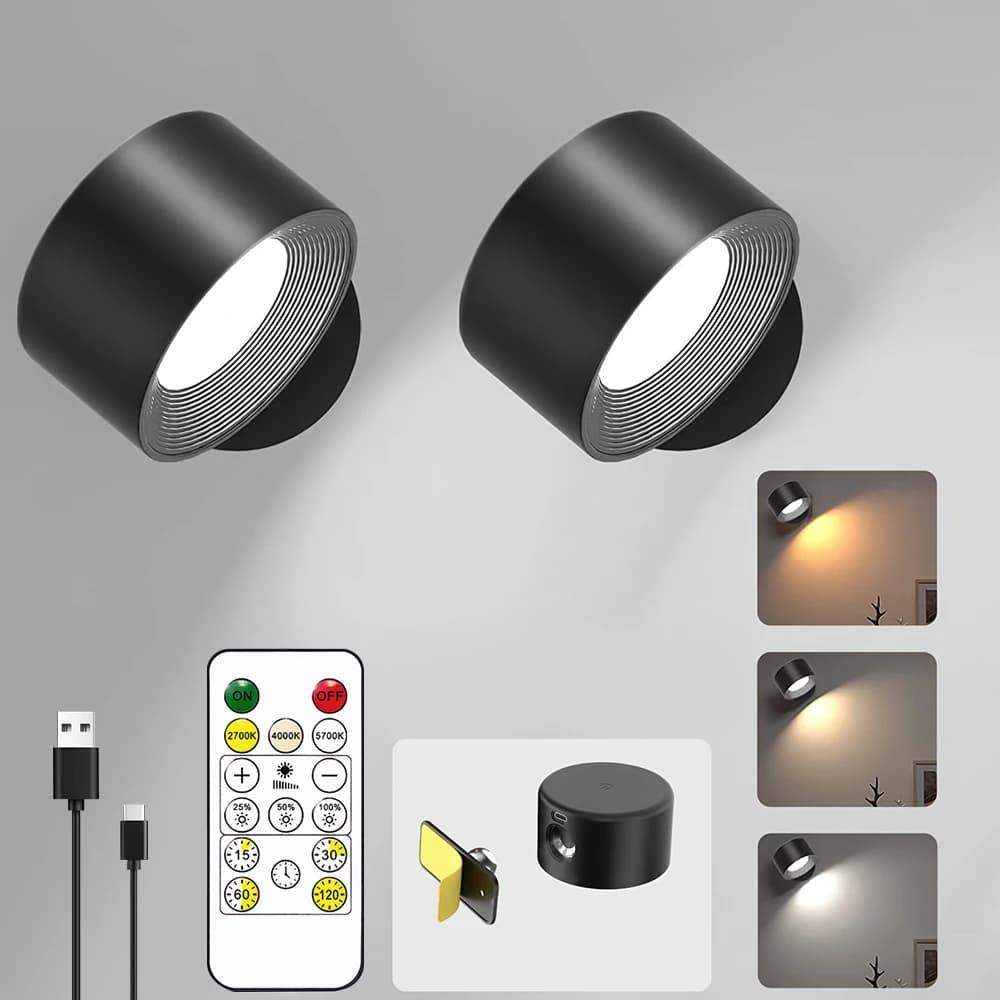4/2PCS LED Dimmable Wall Lights with Remote, 3 Color Temperatures, Rechargeable Magnetic 360° Rotation Night Lamp for Room