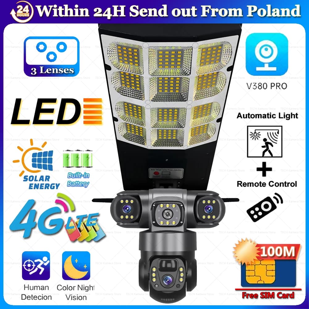 4G Solar Cameras Streetlight 2 in 1 3 Lens HD Night Vision Smart Home Security Protection 360 Wireless PTZ Remote Control IP CCTV Cameras Waterproof Gifted SIM Card 100M Rri-lens Solar Surveillance Monitoring